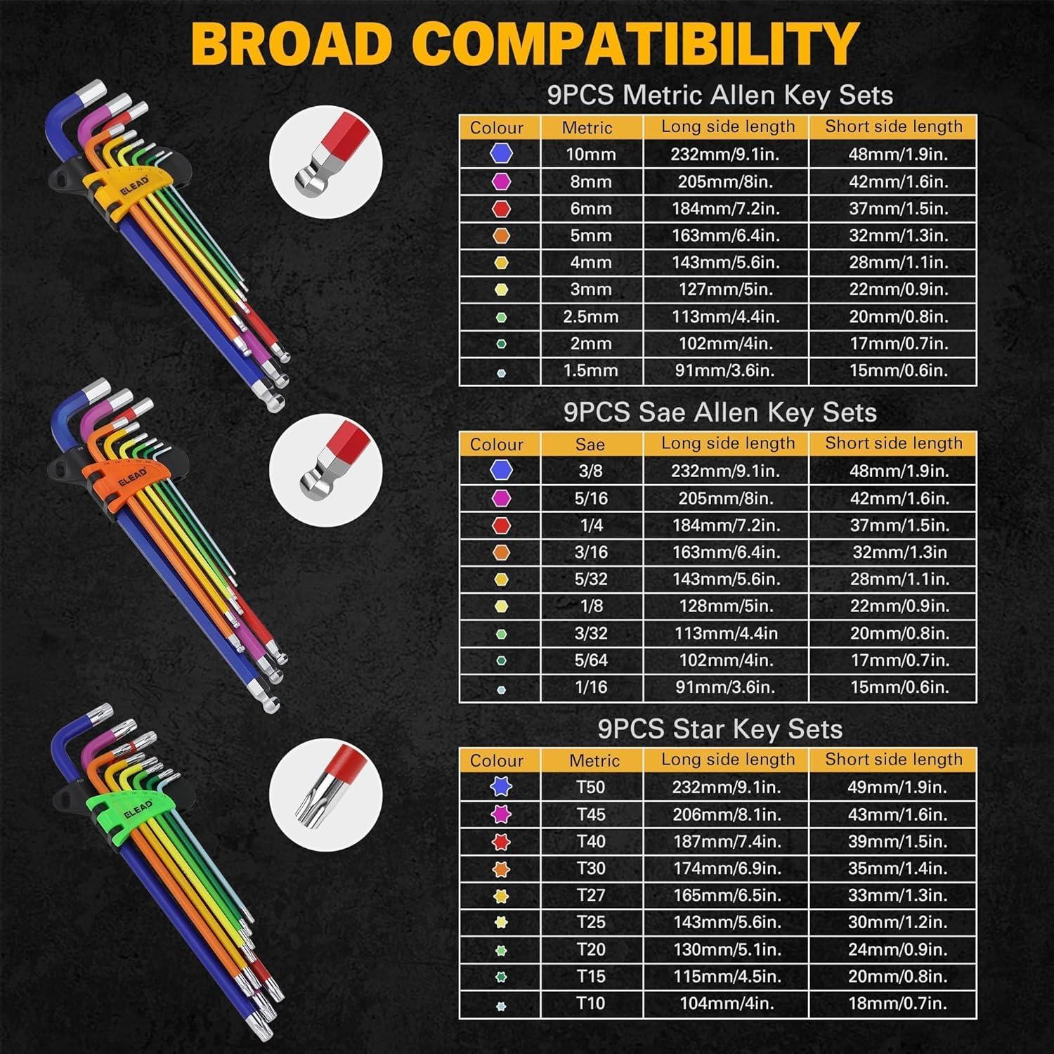 Juego de Llaves Allen 29 Piezas ELEAD Multicolor con Punta Esférica