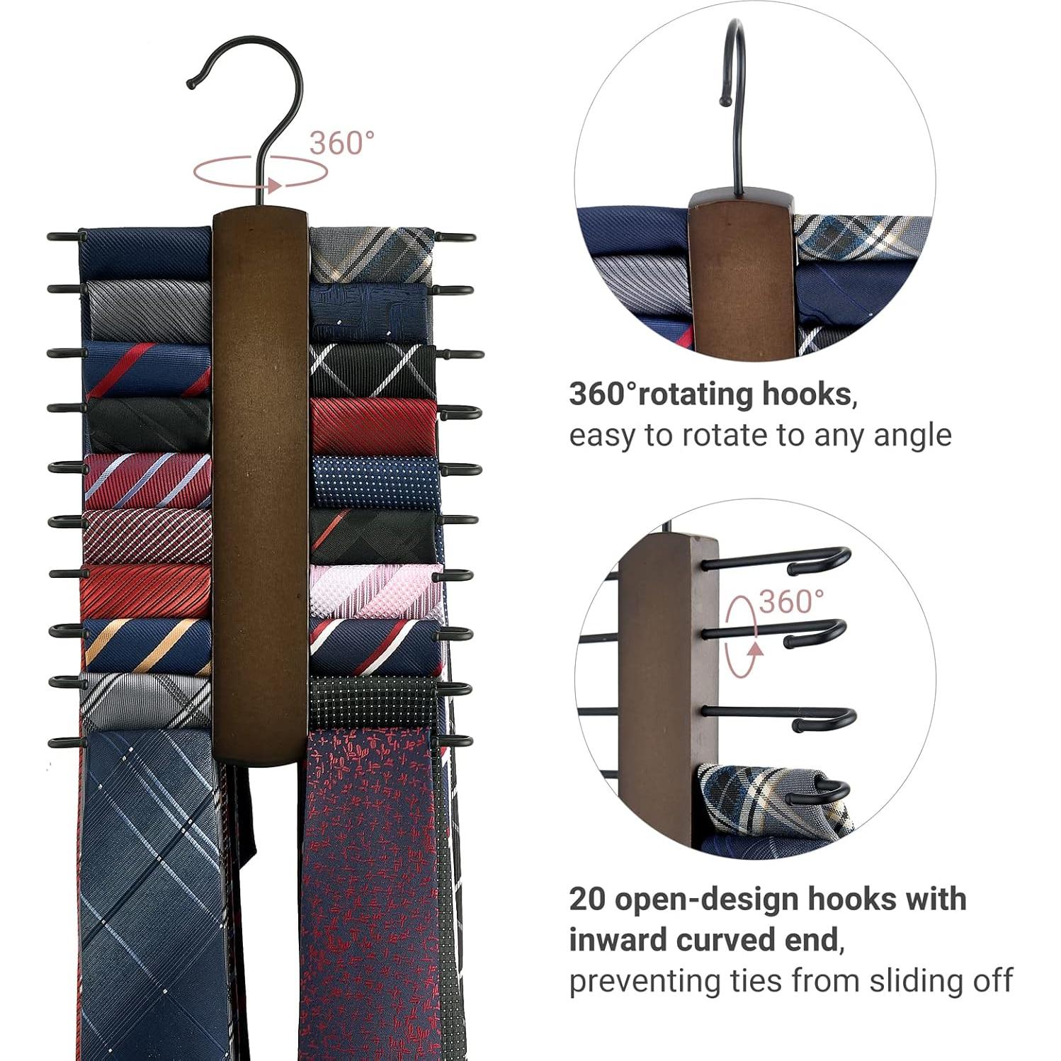 Organizador de Corbatas Mkono de Madera con 20 Ganchos Antideslizantes
