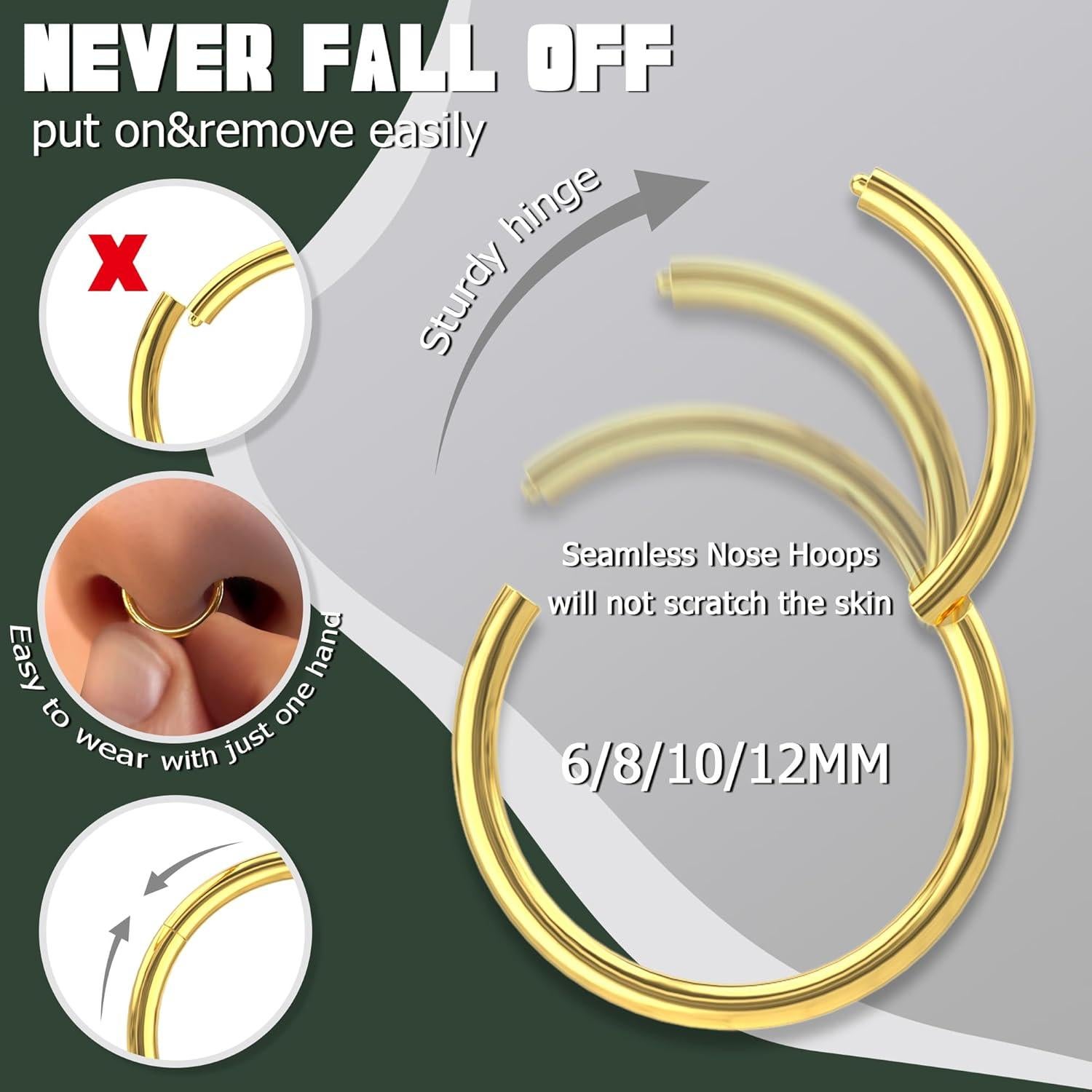 Jstyle 8 Piezas Aros Clicker Acero Inoxidable 18G 6-12MM