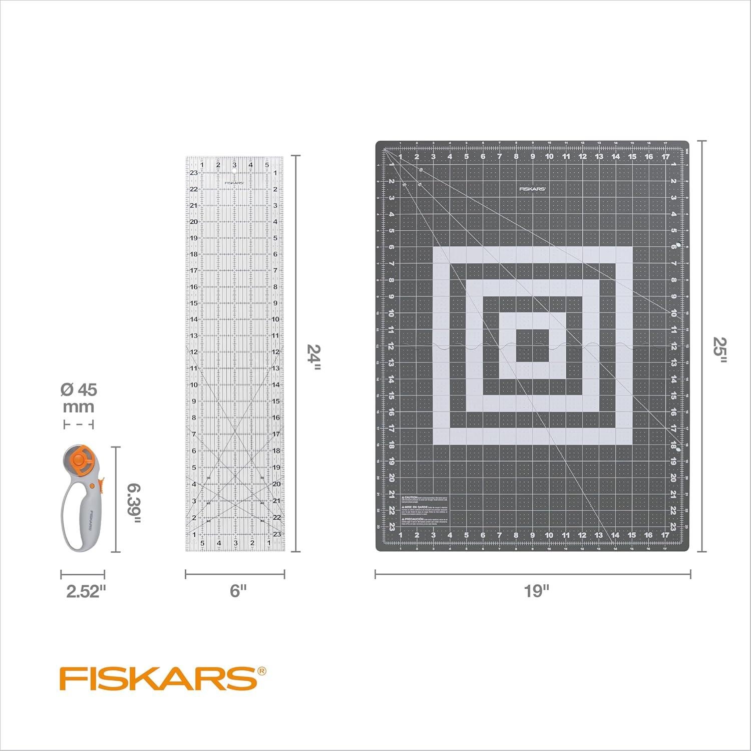 Conjunto Cortador Rotativo Fiskars 45mm + Almohadilla 45.7x61cm + Regla 15.2x61cm