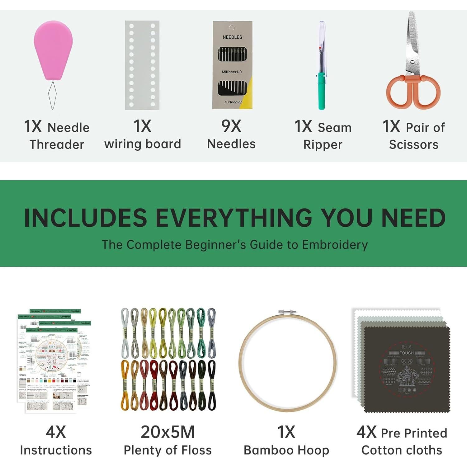 Kit de Bordado para Principiantes Cyanfour - 4 Etapas, 42 Piezas