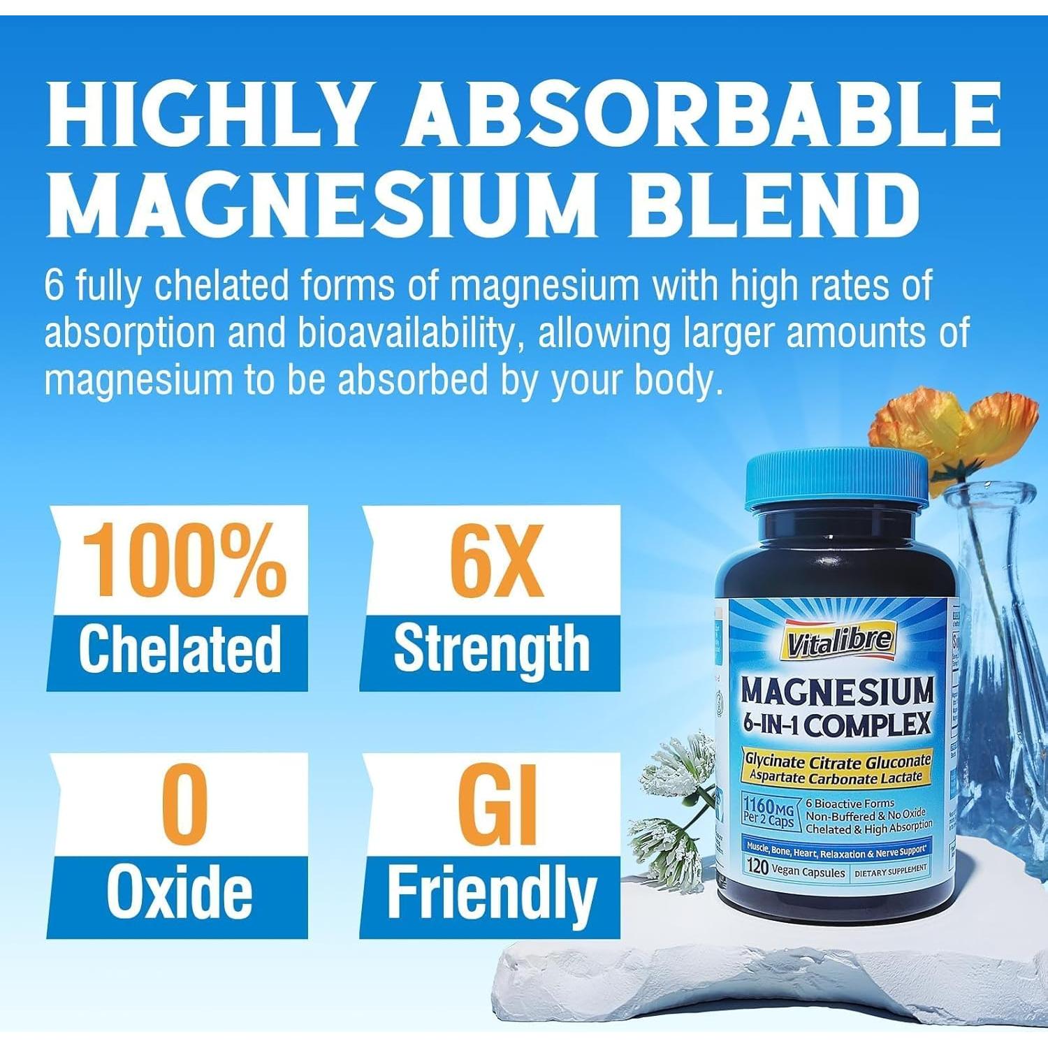 Suplemento de Magnesio 6 en 1 Vitalibre 120 Cápsulas Veganas