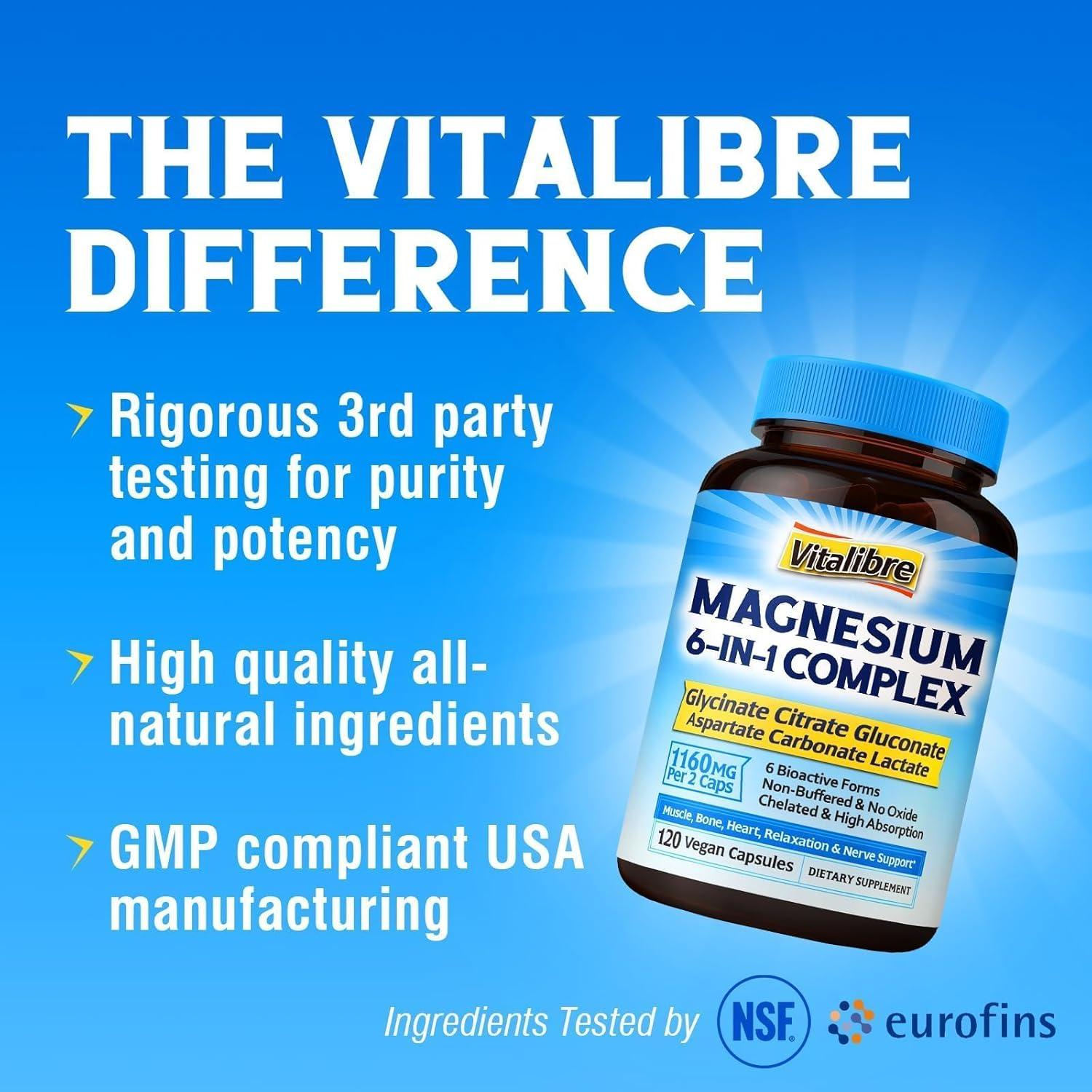 Suplemento de Magnesio 6 en 1 Vitalibre 120 Cápsulas Veganas