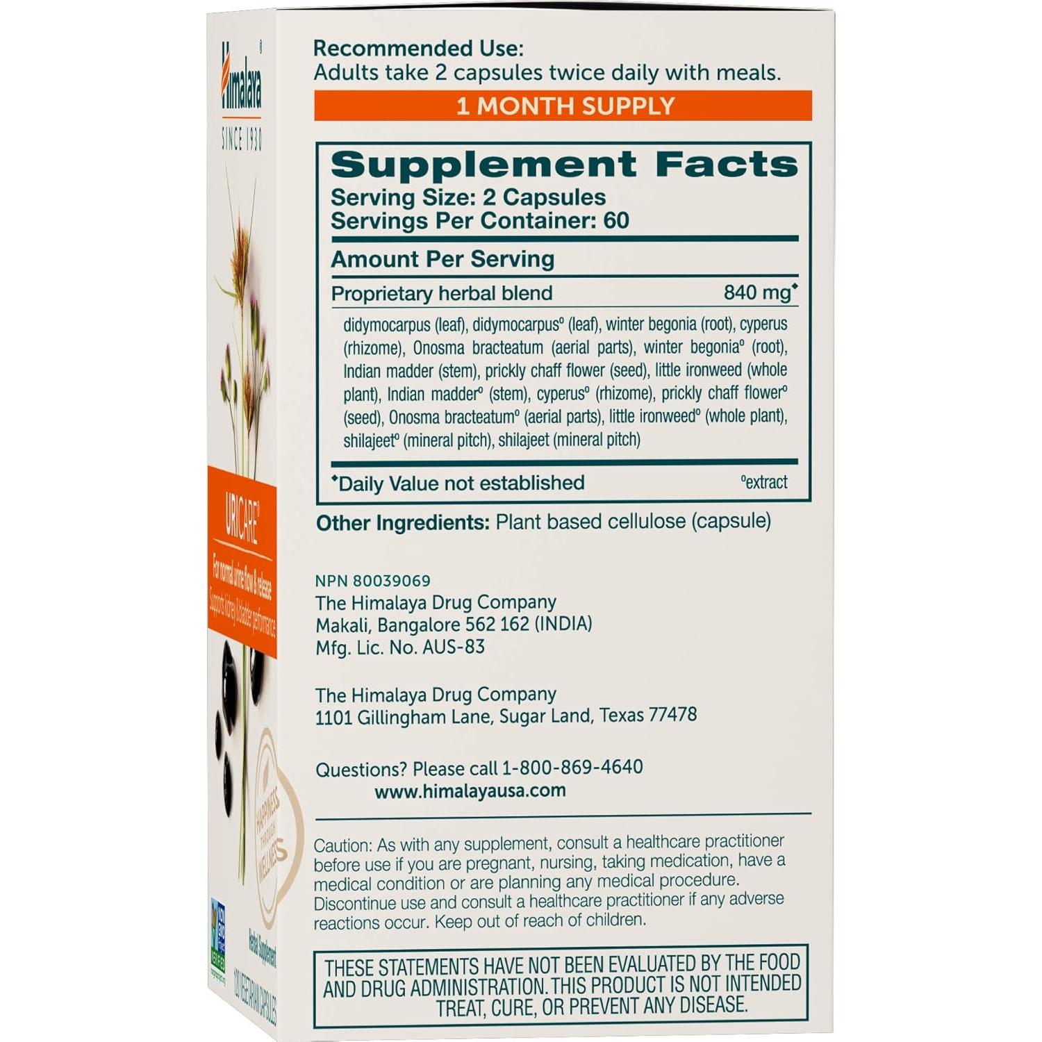 Himalaya UriCare Suplemento Herbal 120 Cápsulas Sin Cafeína