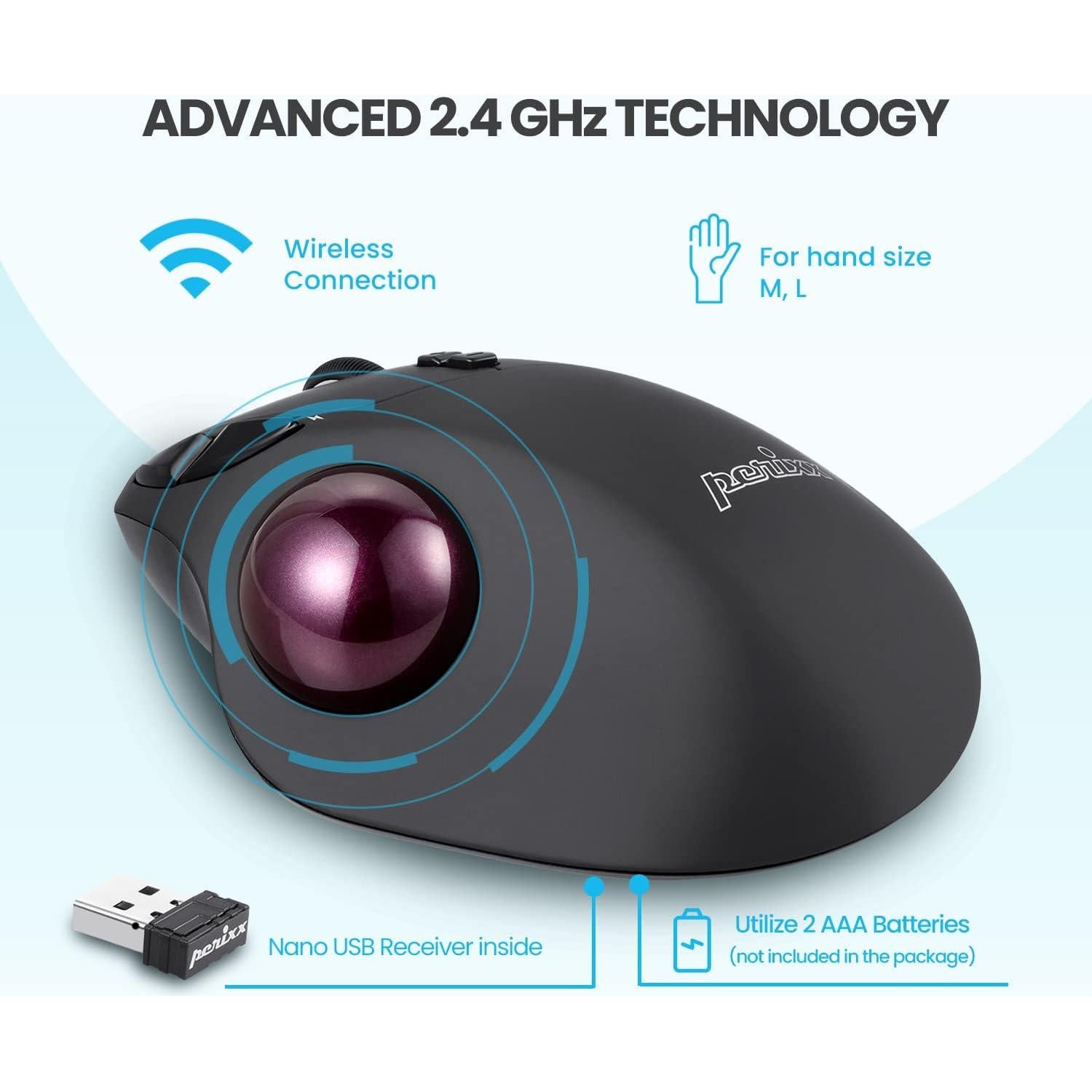 Perixx11568 Perimice-717 Wireless Trackball Mouse, Build-in 1.34 Inch Trackball with Pointing Feature, 5 Programmable Buttons, 2 DPI Level, Black