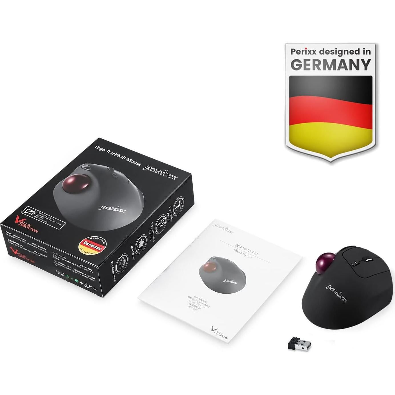 Perixx11568 Perimice-717 Wireless Trackball Mouse, Build-in 1.34 Inch Trackball with Pointing Feature, 5 Programmable Buttons, 2 DPI Level, Black