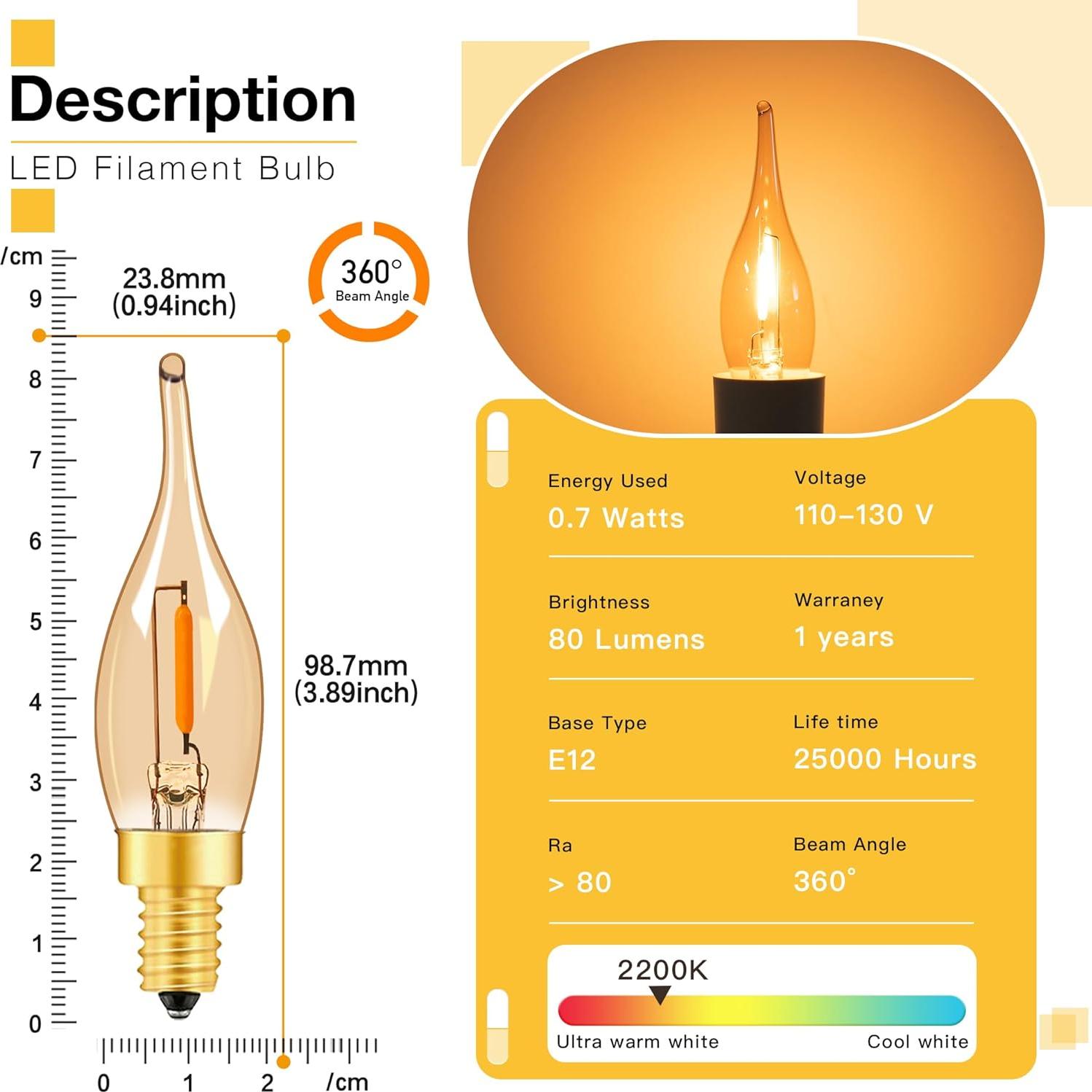 Bombillas LED Vintage E12 Genixgreen 7W 2200K Ámbar 6 Unidades
