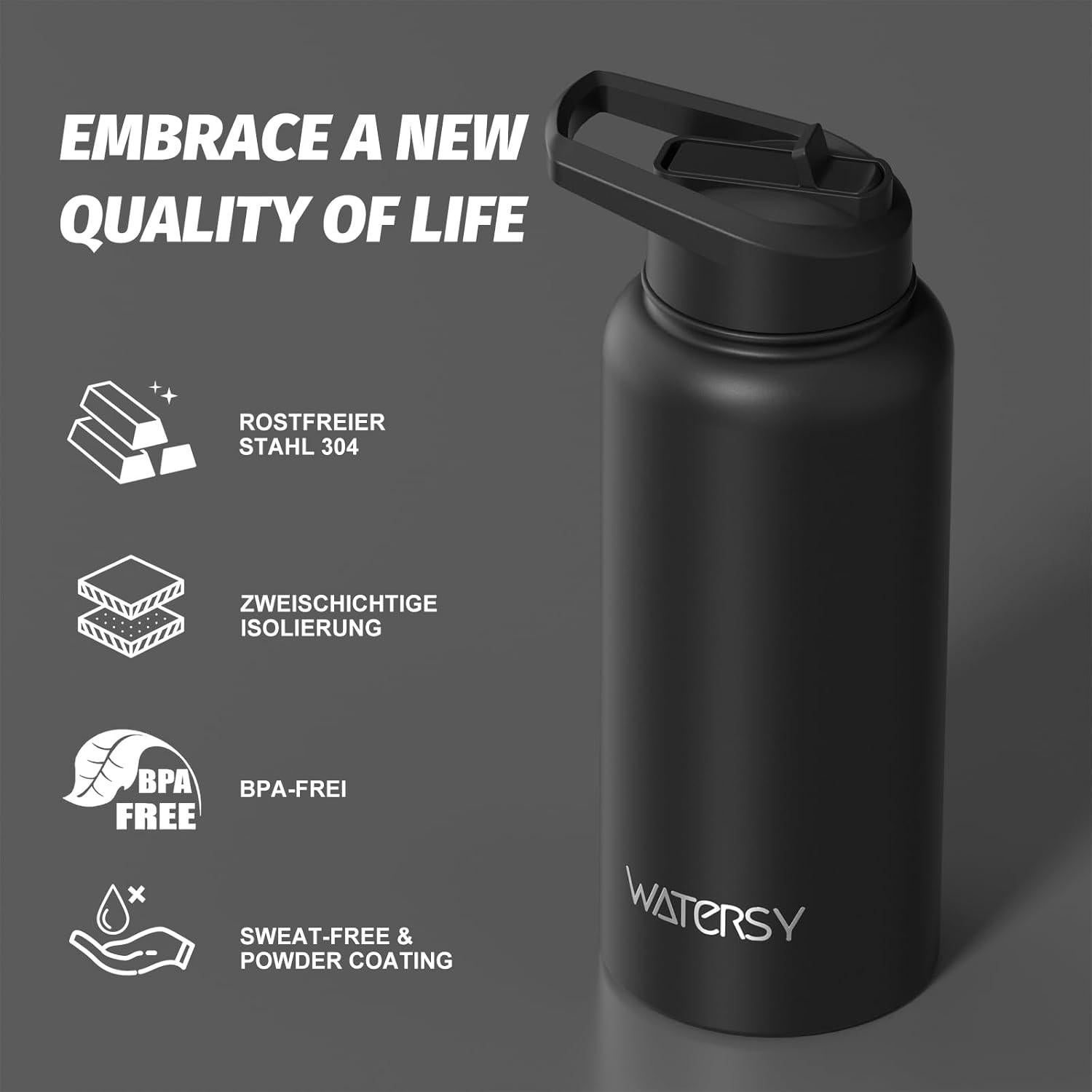 Botella de Agua Aislada 32oz WATERSY Acero Inoxidable Negro