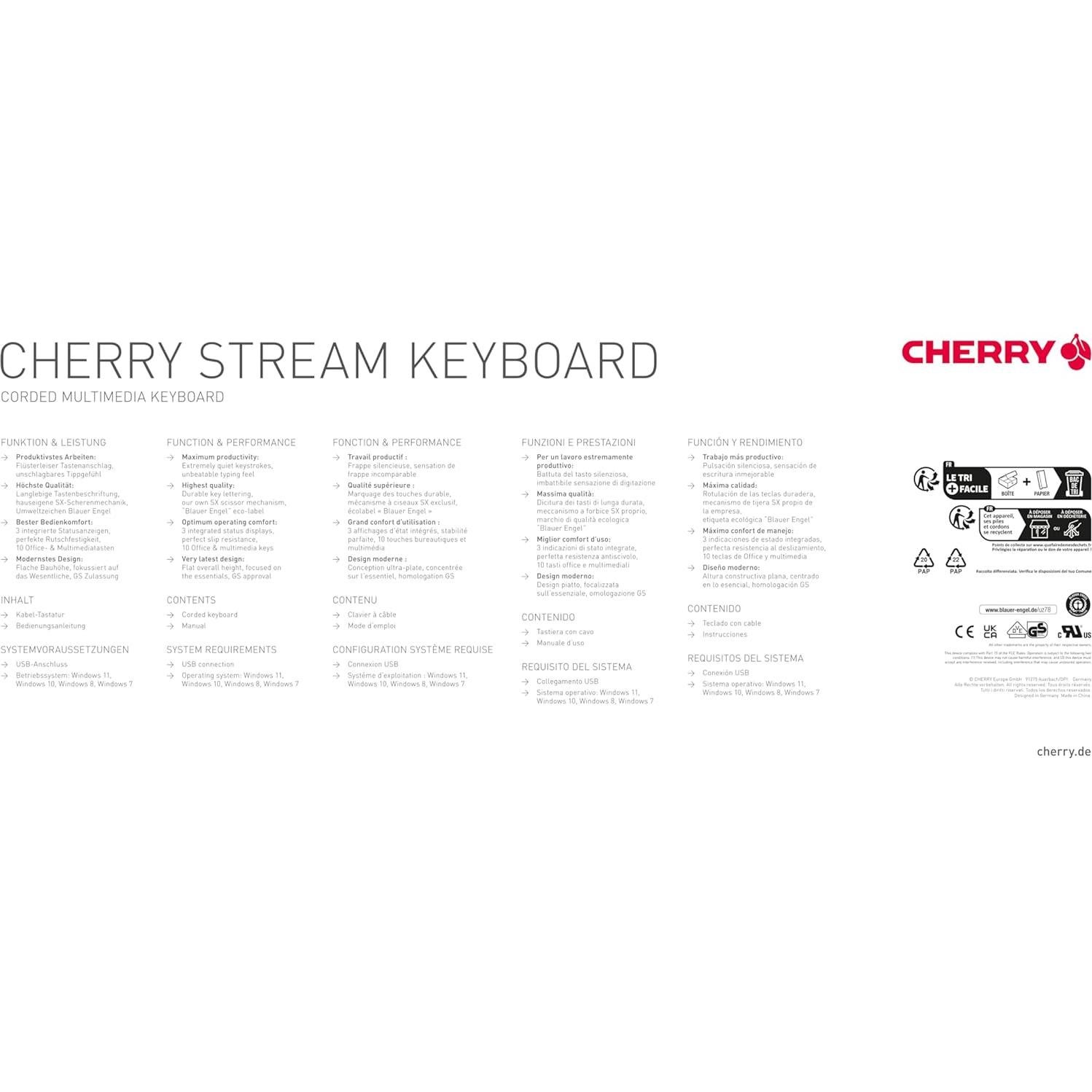 Teclado Cherry Stream - USB QWERTY - Mecanismo SX - Blanco