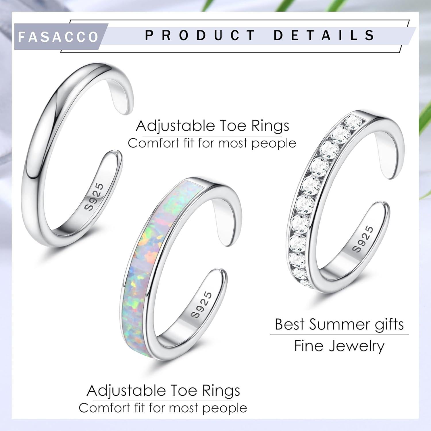 FASACCO Sterling Silver Toe Rings for Women - CZ Band Opal Rings, Adjustable, Summer Beach Open Toe Foot Jewelry