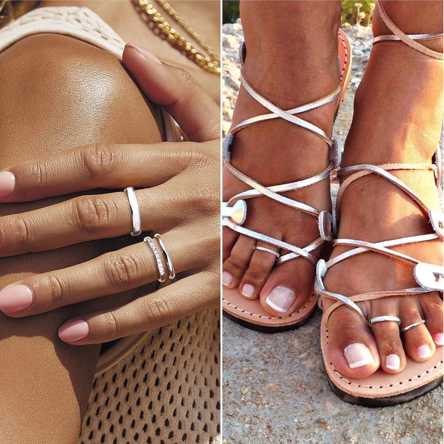 FASACCO Sterling Silver Toe Rings for Women - CZ Band Opal Rings, Adjustable, Summer Beach Open Toe Foot Jewelry