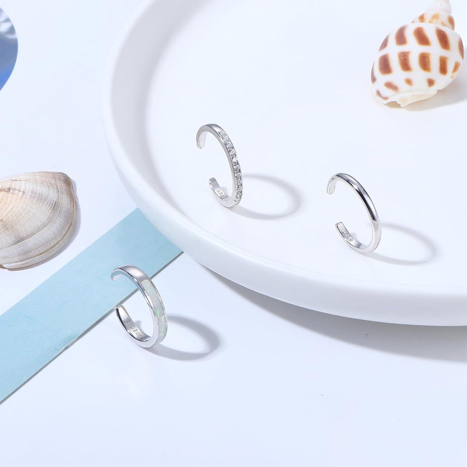 FASACCO Sterling Silver Toe Rings for Women - CZ Band Opal Rings, Adjustable, Summer Beach Open Toe Foot Jewelry