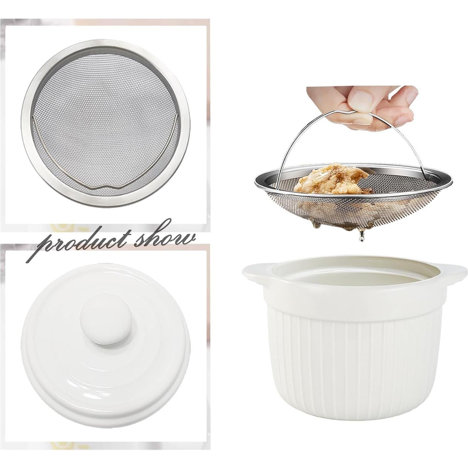 Contenedor de Grasa de Cerámica MaoYaMao 0.5L Blanco con Colador