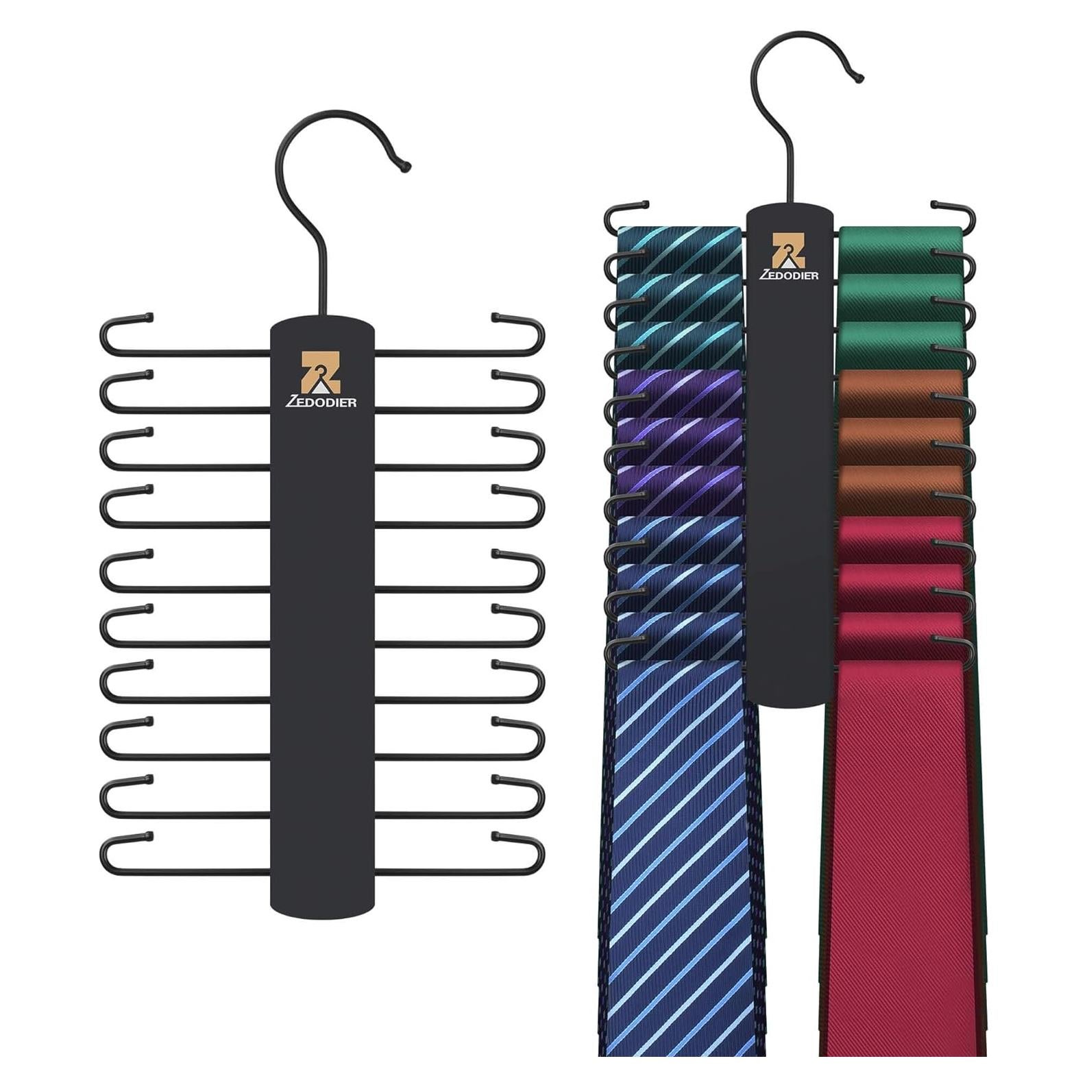 ZEDODIER Tie Hanger with 20 Hooks, Space Saving Necktie Organizer for Men, Large Capacity Tie and Belt Wooden Hanger for Closet, Black