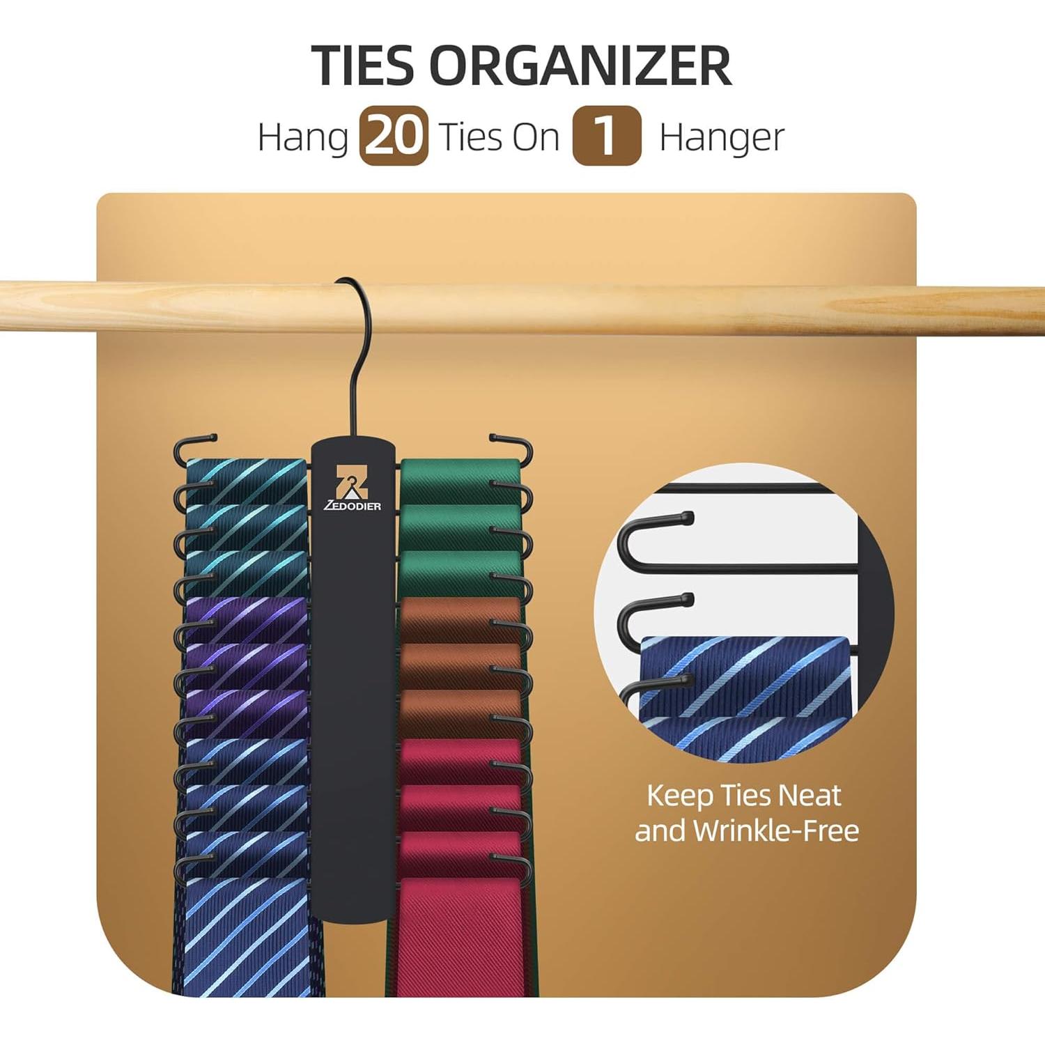 ZEDODIER Tie Hanger with 20 Hooks, Space Saving Necktie Organizer for Men, Large Capacity Tie and Belt Wooden Hanger for Closet, Black