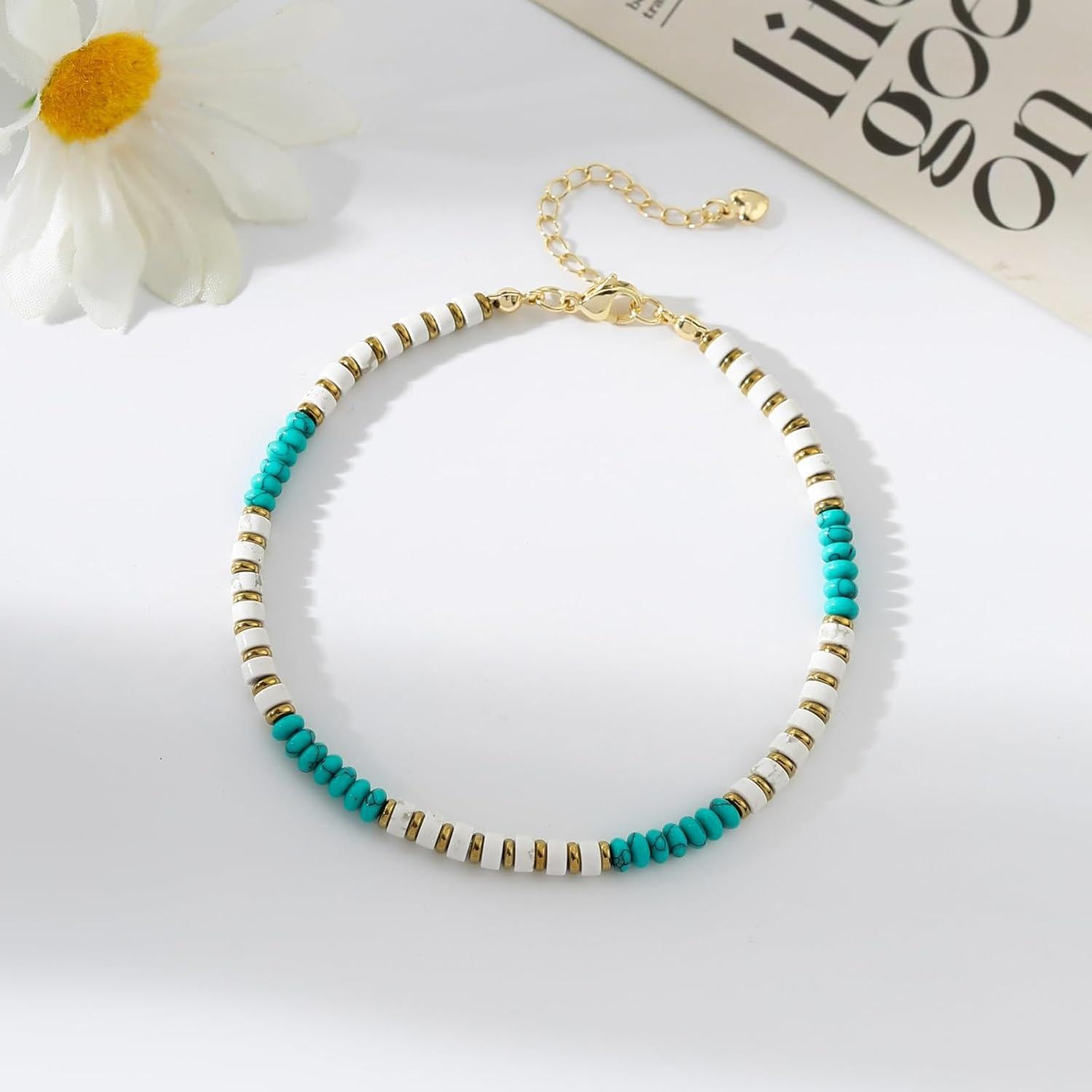 Pulsera de Tobillo Boho Hecha a Mano con Piedras Naturales 20 cm