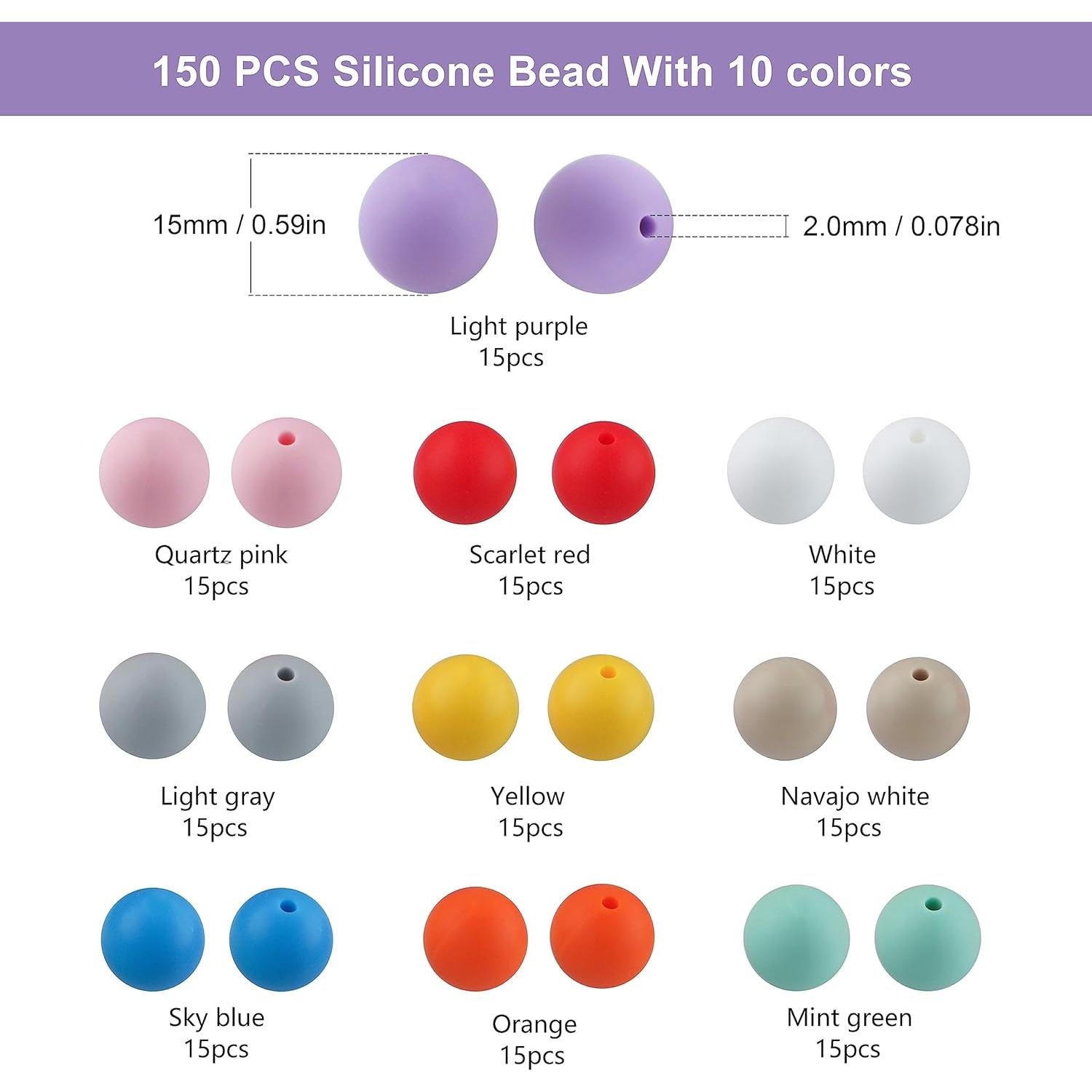 Sunrony 150pcs Silicone Beads for Keychain Making Bracelet Decoration and 15mm Silicone Beads for Pens (Bright Colors)