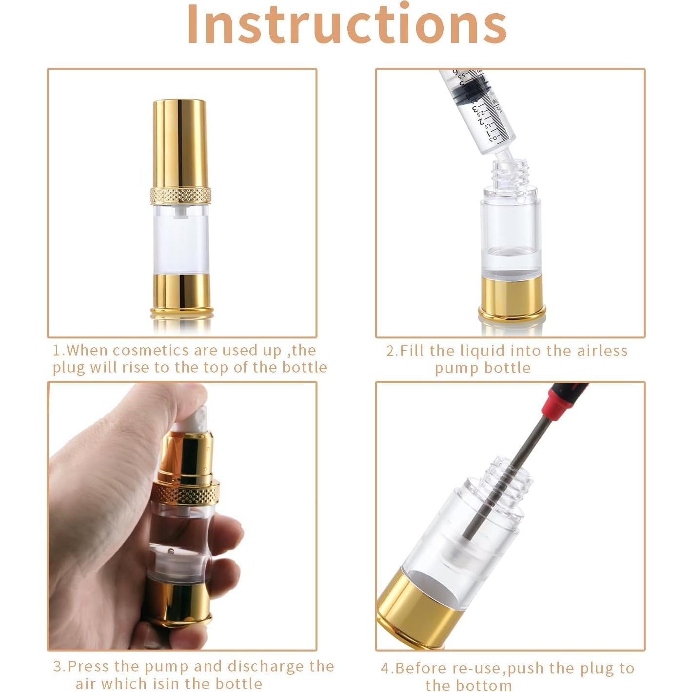 Botella de Bomba Sin Aire XQNCBY 5ml 10ml Dorada - 12 Paquetes