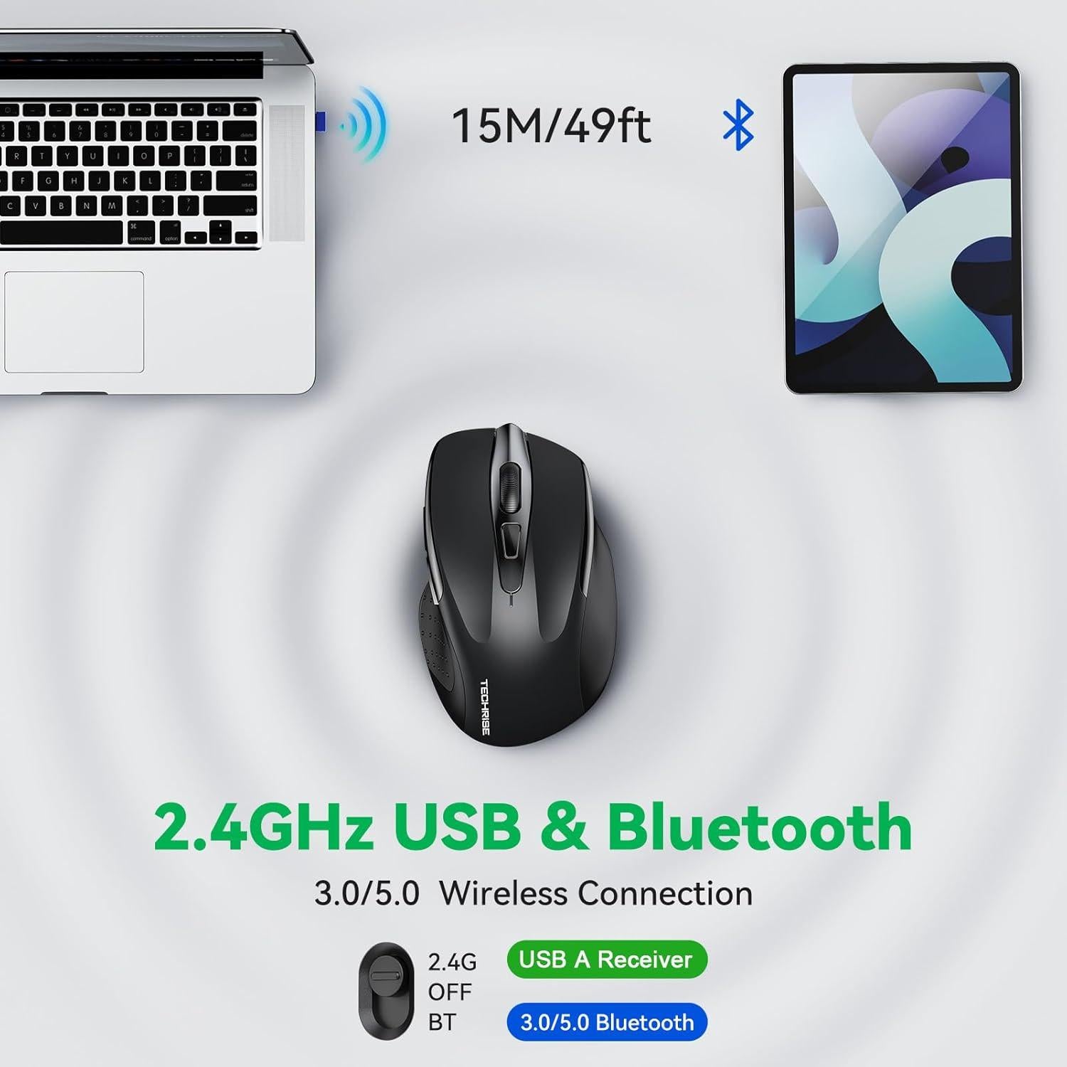 Ratón Inalámbrico Recargable TechRise Negro 4800 DPI Silencioso