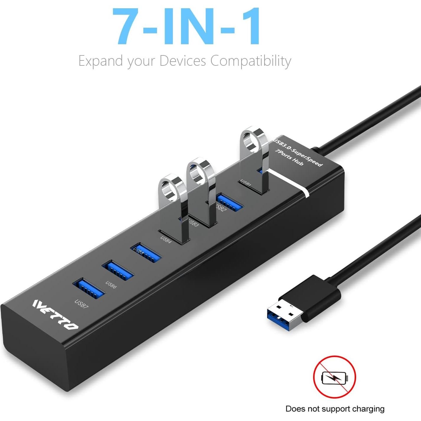 Hub USB 3.0 IVETTO 7 Puertos con Cable de 1.01m para PC
