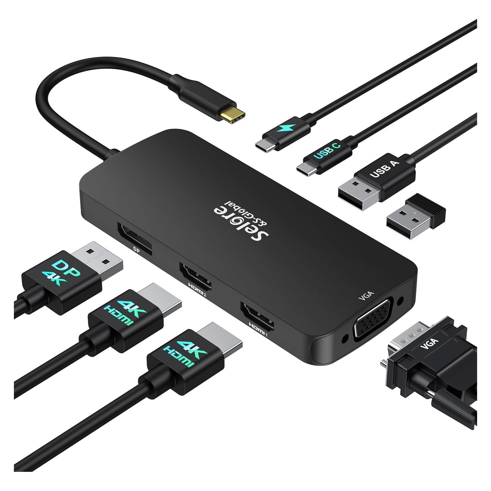 Adaptador USB C Selore Dual HDMI 4K para 3 Monitores