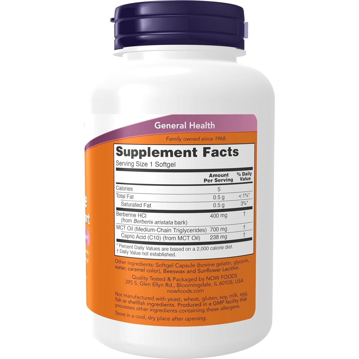 Suplemento de Glucosa NOW Foods con Berberina y Aceite MCT 90 Softgels
