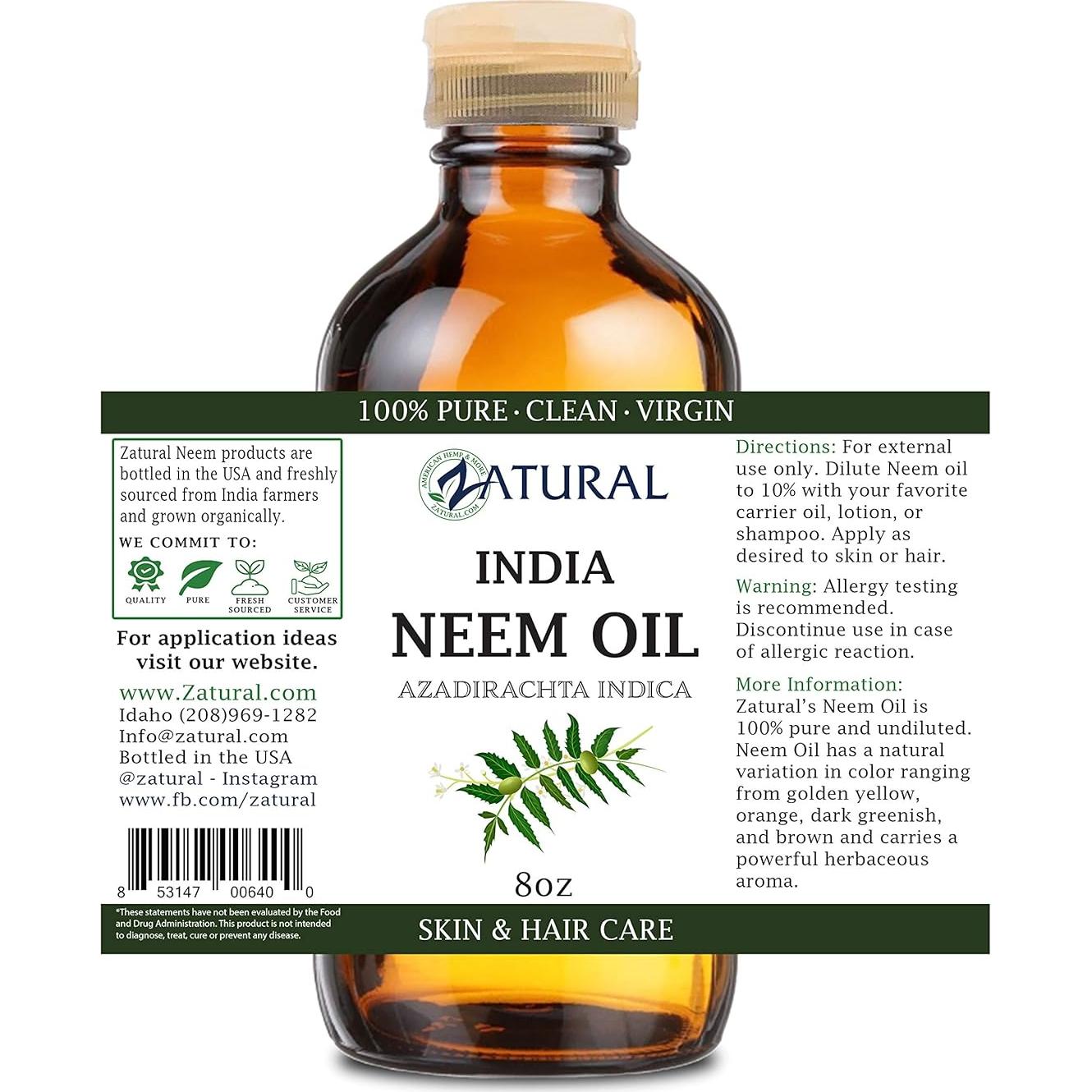 Aceite de Neem 100% Puro Zatural 236.6ml para Cabello y Piel