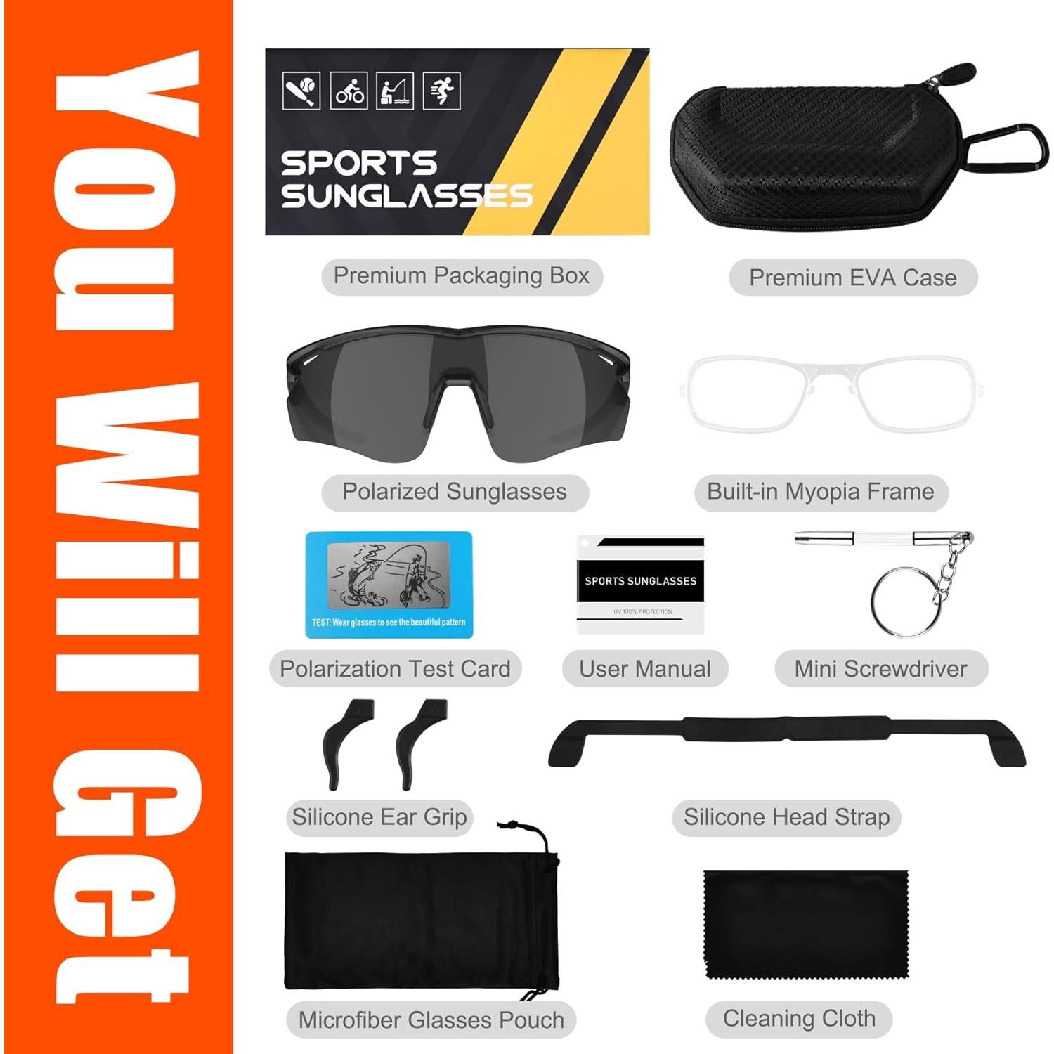 Gafas de sol deportivas polarizadas TR90 para adultos - Negro