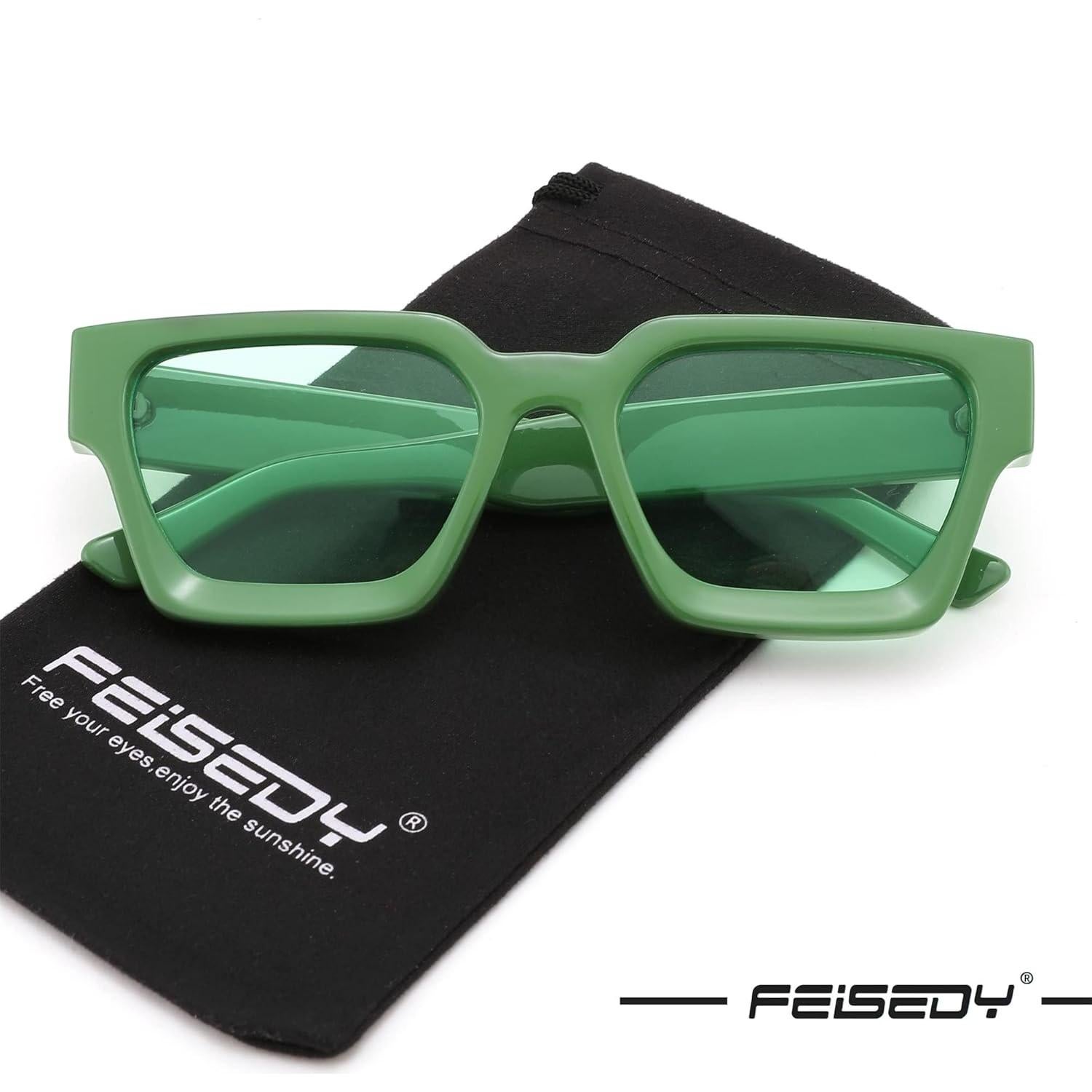 Gafas de Sol Retro Cuadradas FEISEDY UV400 Verde 50mm