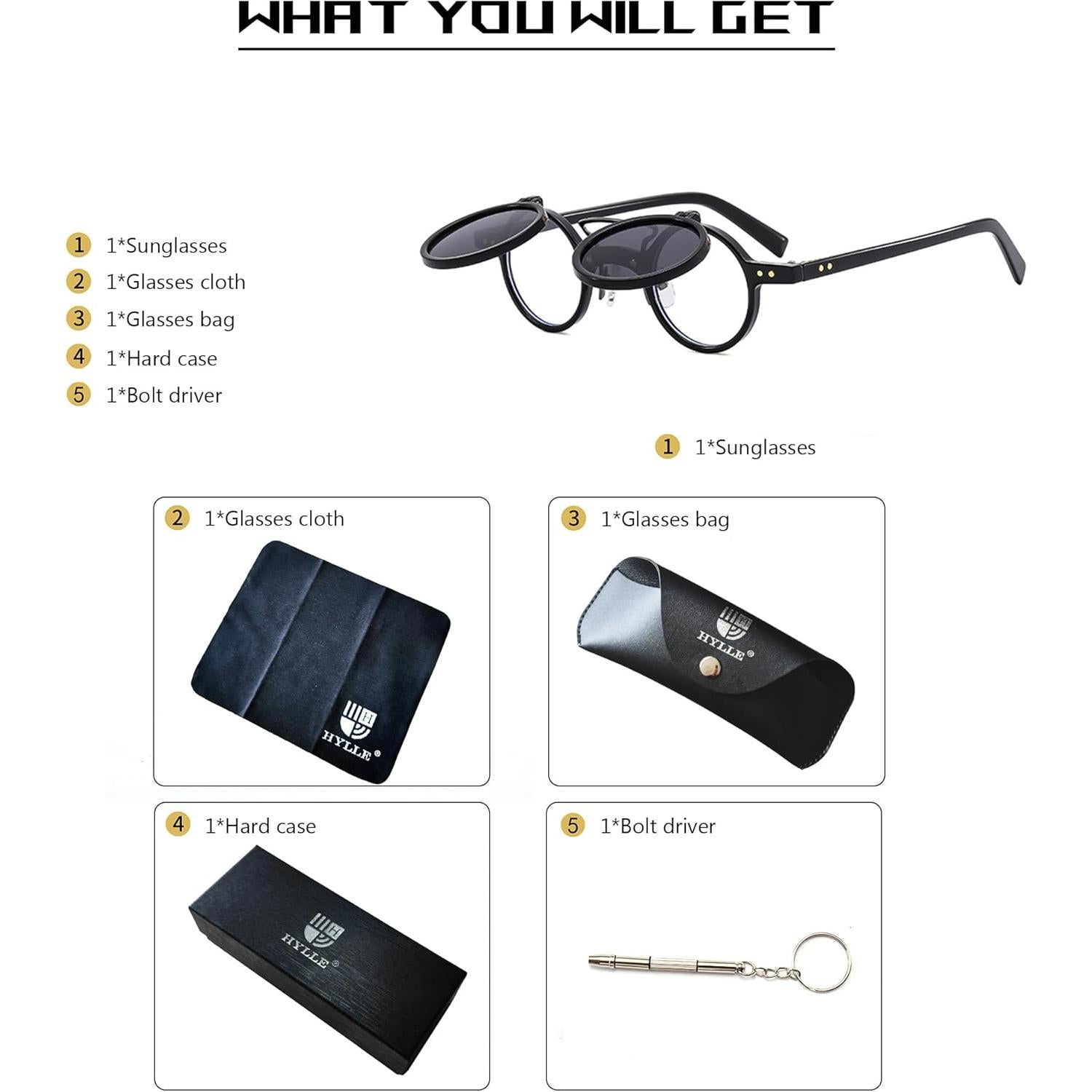 Gafas de sol redondas retro HYLLE flip-up UV 100% para hombres y mujeres