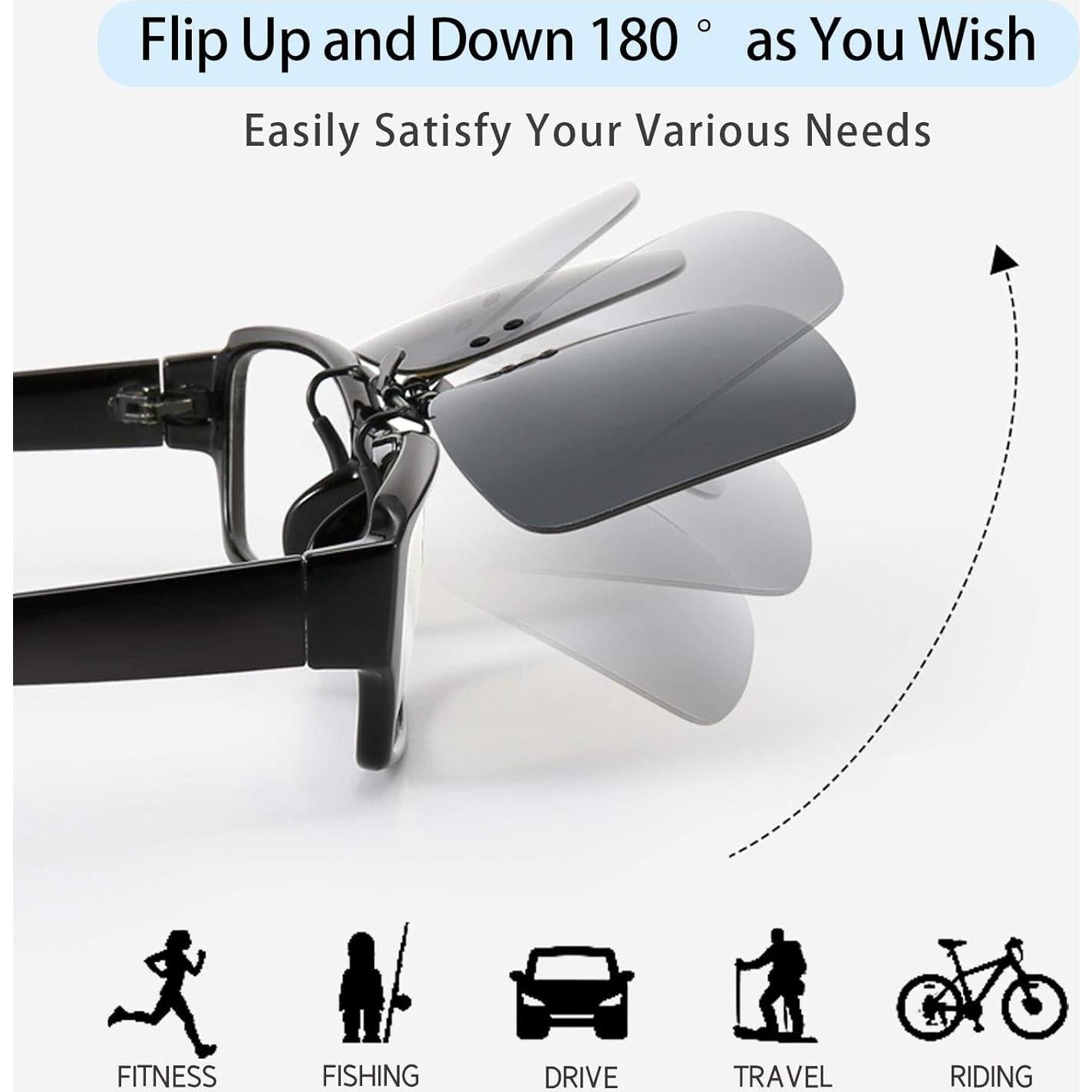 2-Pair Polarized Unisex Clip on Sunglasses Flip up Myopic Glasses Elegant&Comfortable Clips for Prescription Eyeglasses-Good Clip Style Sunglasses for Outdoor/Driving/Fishing/Cycling/Hiking