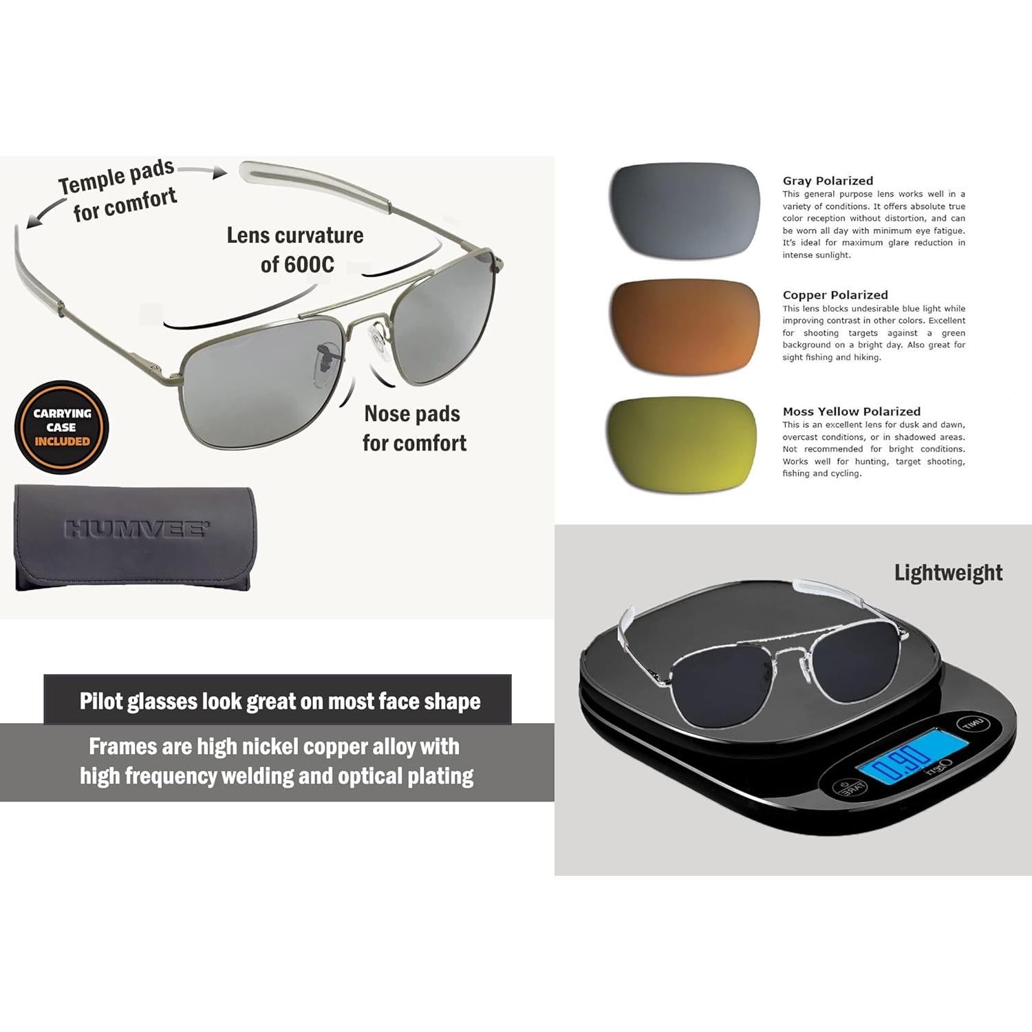 Gafas de Sol Piloto Polarizadas Humvee UV400 Marco Dorado 52mm