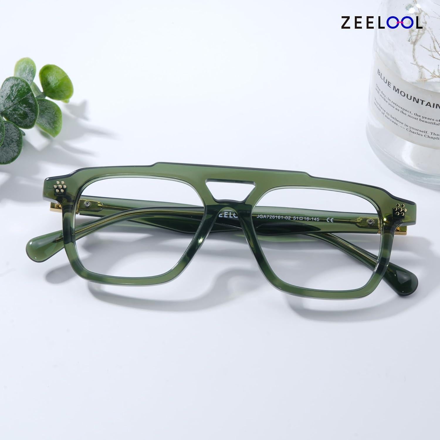 Gafas Aviador Retro Zeelool para Hombres Acetato Verde con Lentes Azul