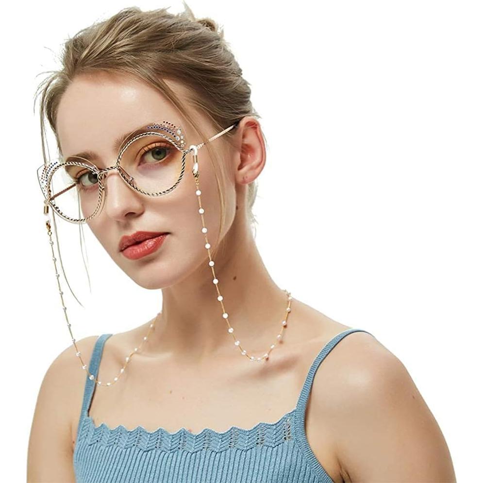 Cadena de Gafas de Perlas para Mujeres con Baño de Oro 18K