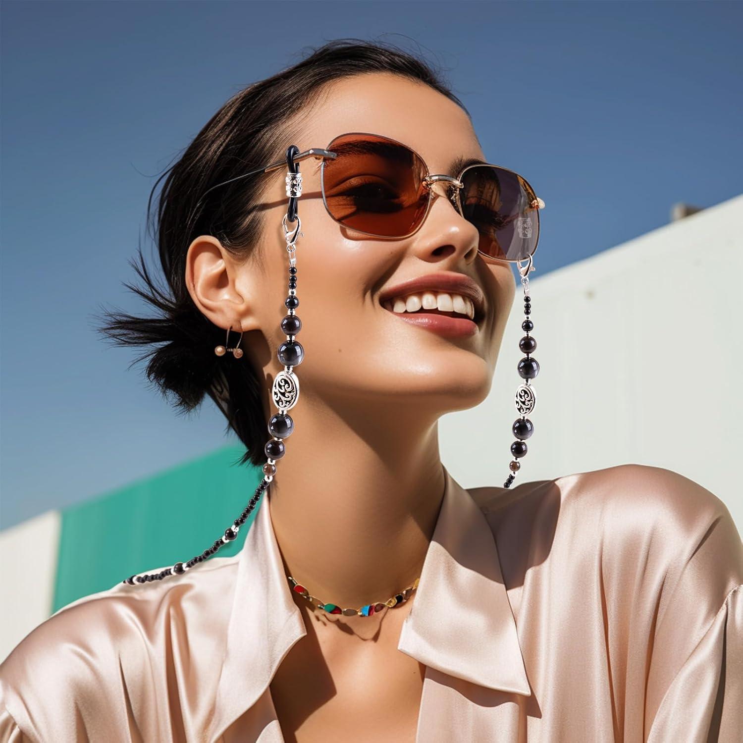 Cadena de Gafas BILIONE con Cuentas de Obsidiana Natural 75 cm