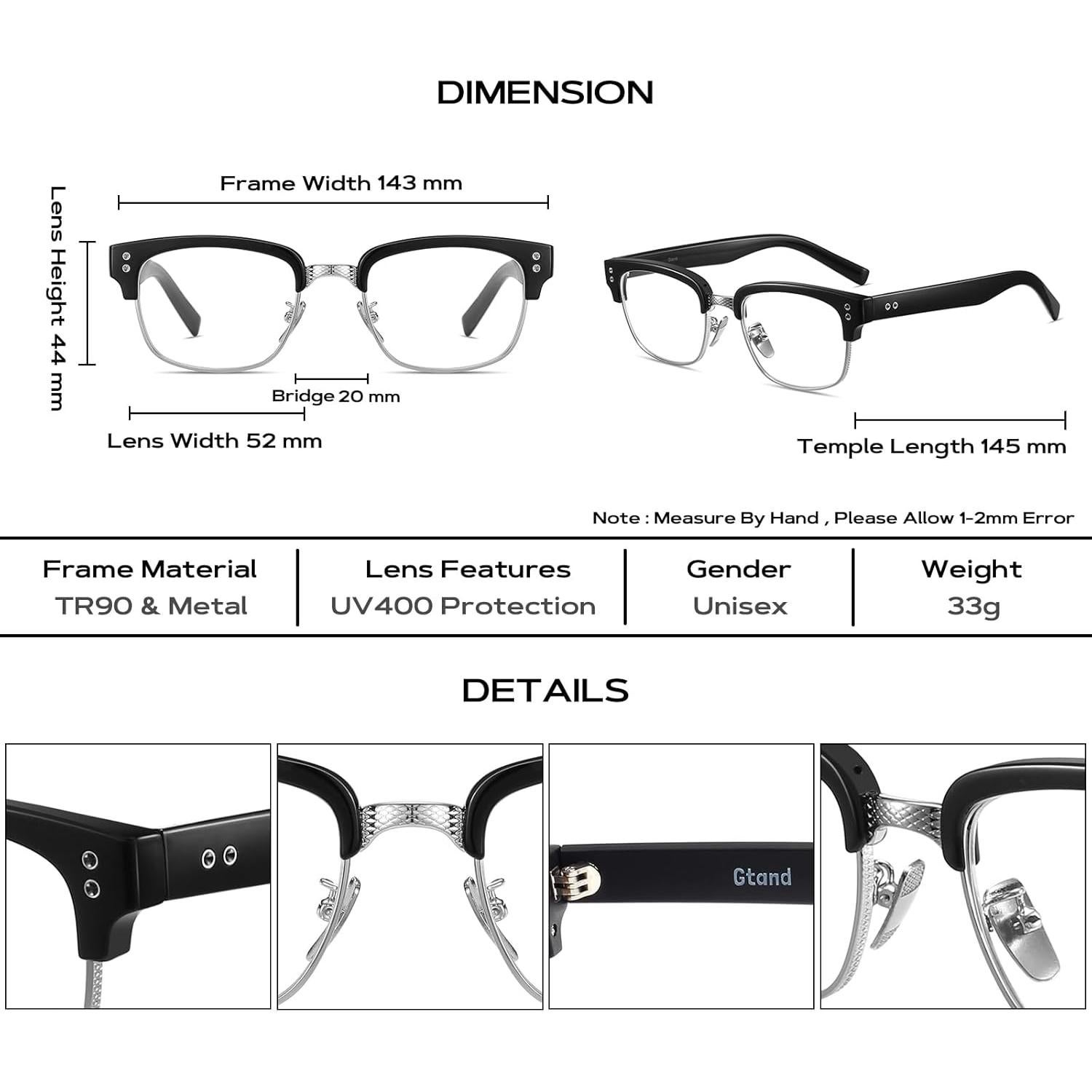 Gafas de sol retro TR90 Gtand para hombres y mujeres - Montura negra