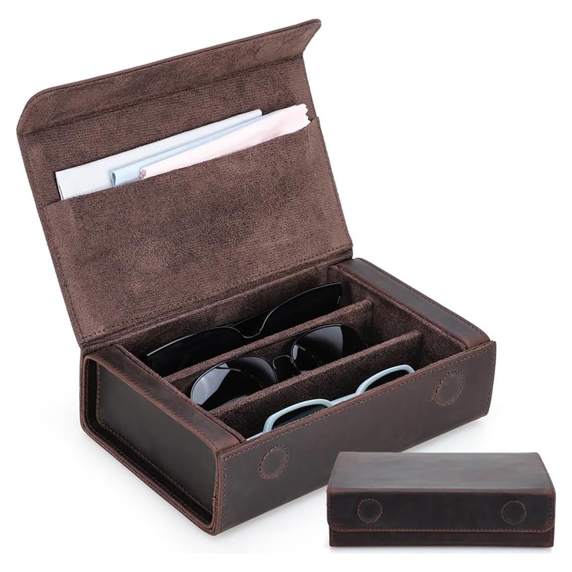 Estuche de Gafas de Sol de Cuero Genuino Café 3 Ranuras