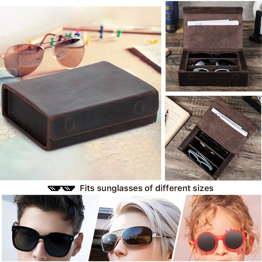 Estuche de Gafas de Sol de Cuero Genuino Café 3 Ranuras