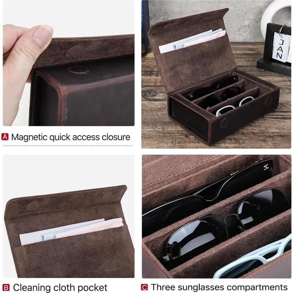 Estuche de Gafas de Sol de Cuero Genuino Café 3 Ranuras