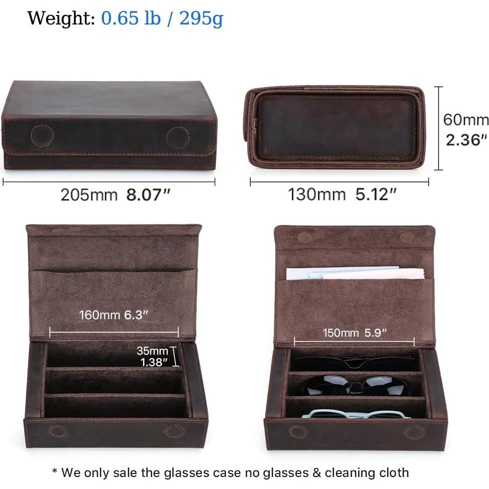 Estuche de Gafas de Sol de Cuero Genuino Café 3 Ranuras