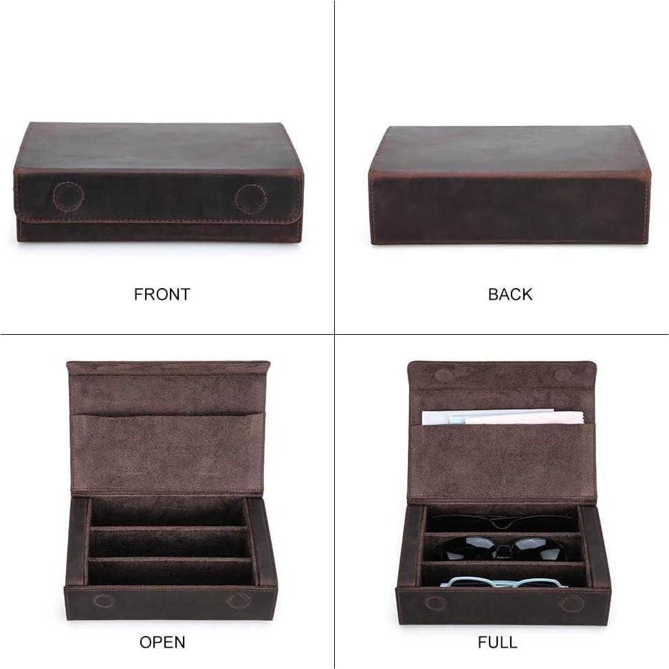 Estuche de Gafas de Sol de Cuero Genuino Café 3 Ranuras