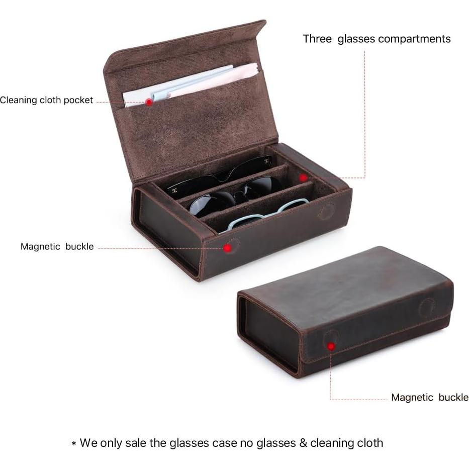 Estuche de Gafas de Sol de Cuero Genuino Café 3 Ranuras