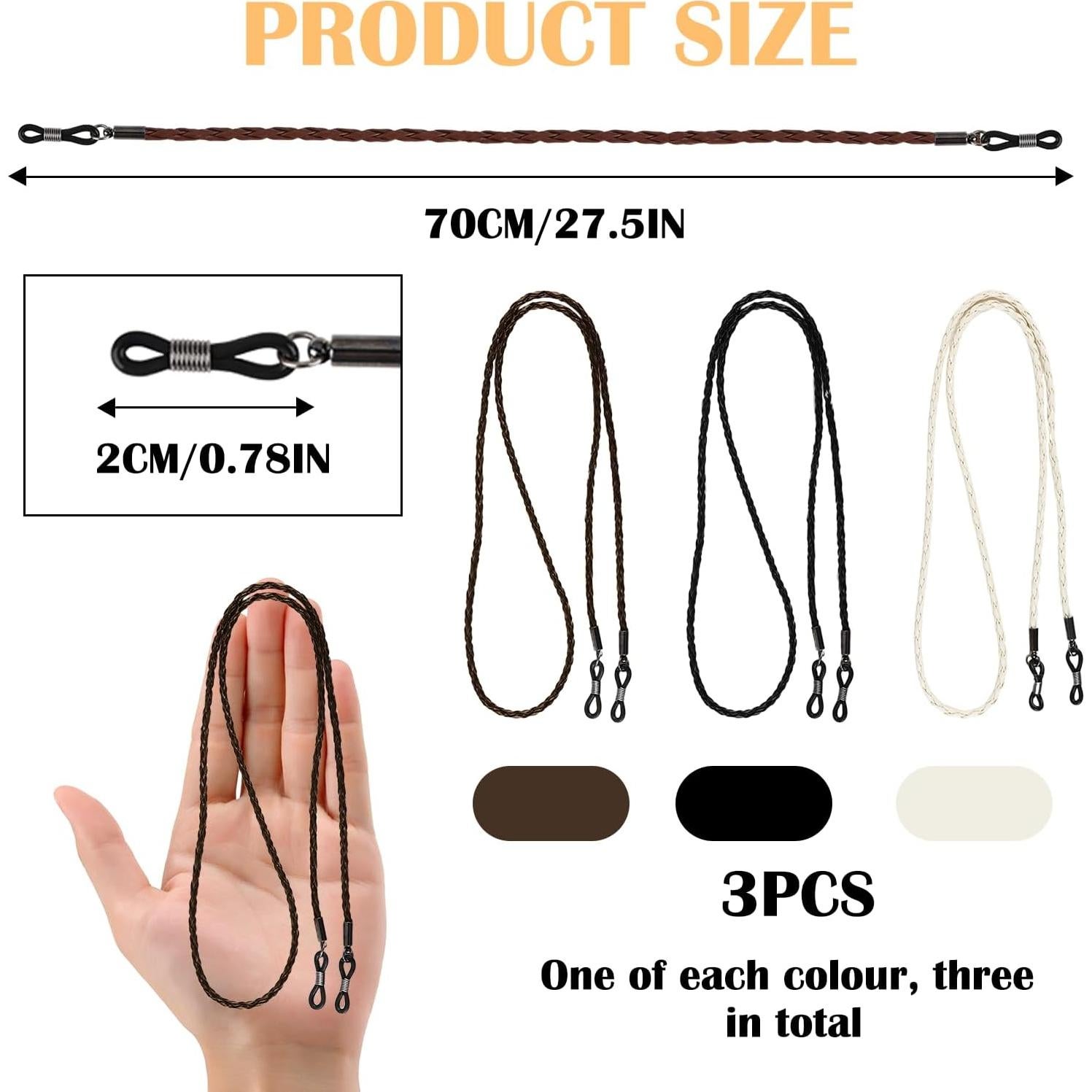 Cadena para Gafas de Cuero Trenzado - 3 Piezas 71 cm - Negro, Blanco, Marrón