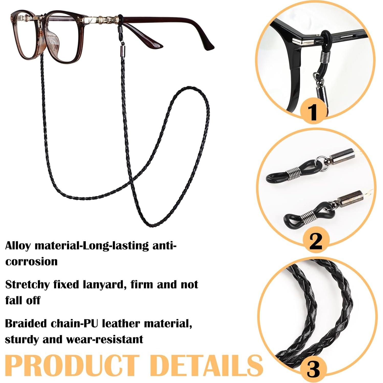 Cadena para Gafas de Cuero Trenzado - 3 Piezas 71 cm - Negro, Blanco, Marrón