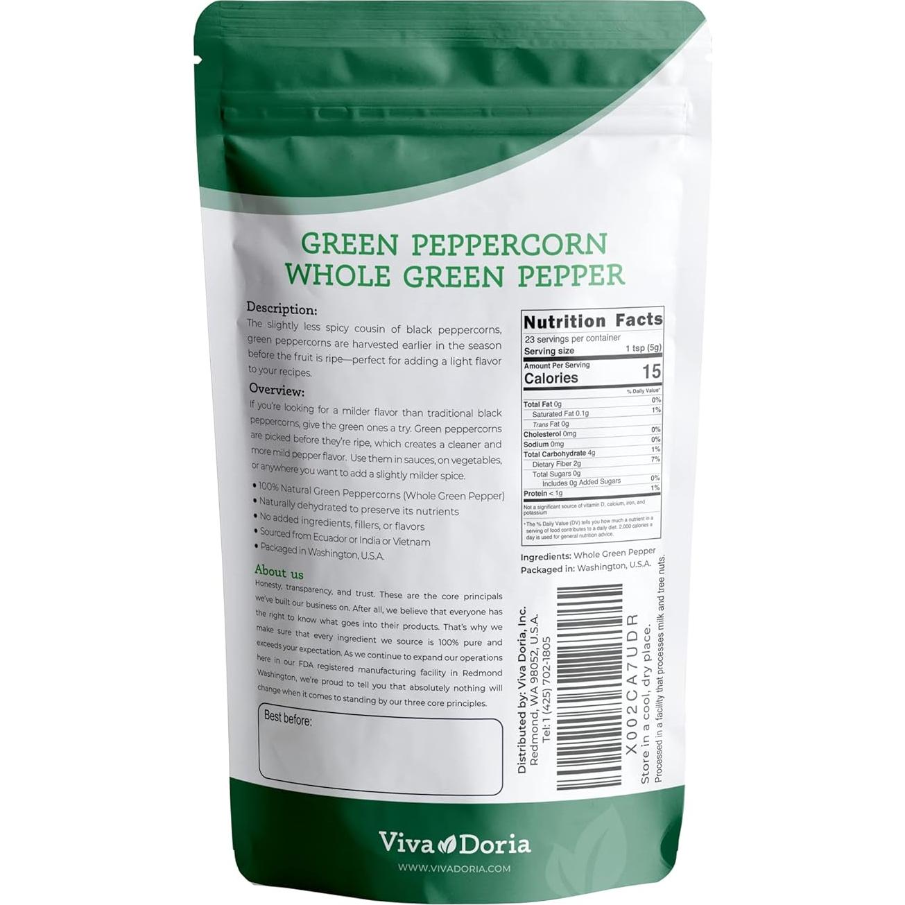 Pimienta Verde Entera Viva Doria 113 g - Esterilizada por Vapor