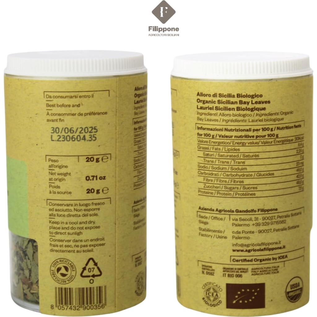 Hojas de Laurel Sicilianas Orgánicas Filippone 20 g