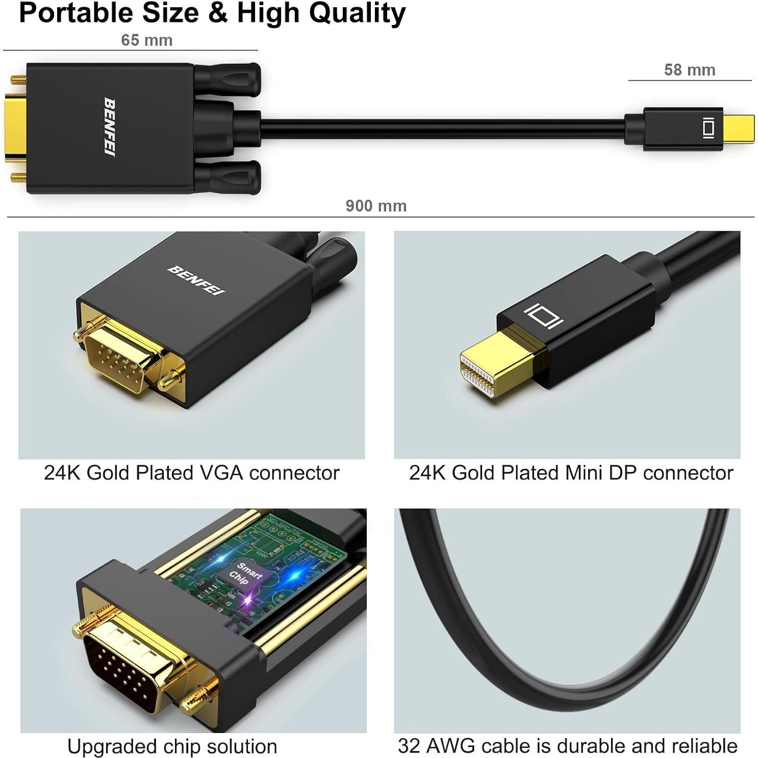 Cable VGA Benfei Mini DisplayPort 0.9m para MacBook y Proyector