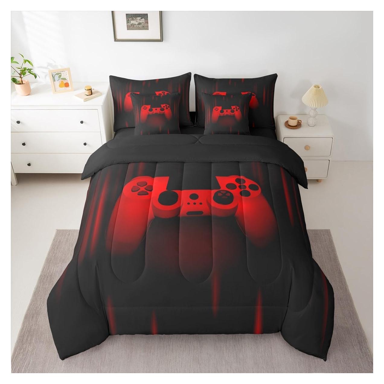 Conjunto de Edredón Gamer Feelyou 7 Pzs Individual Negro Rojo