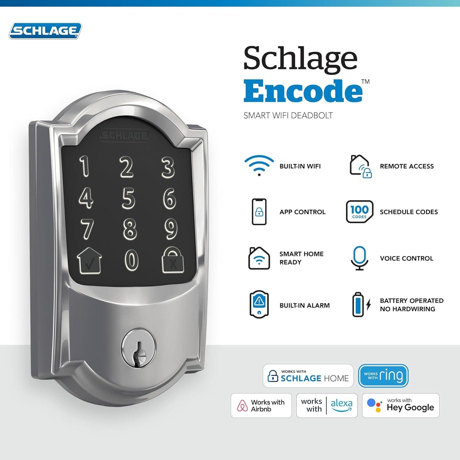 Cerradura Inteligente WiFi Schlage Encode Camelot Cromo Brillante