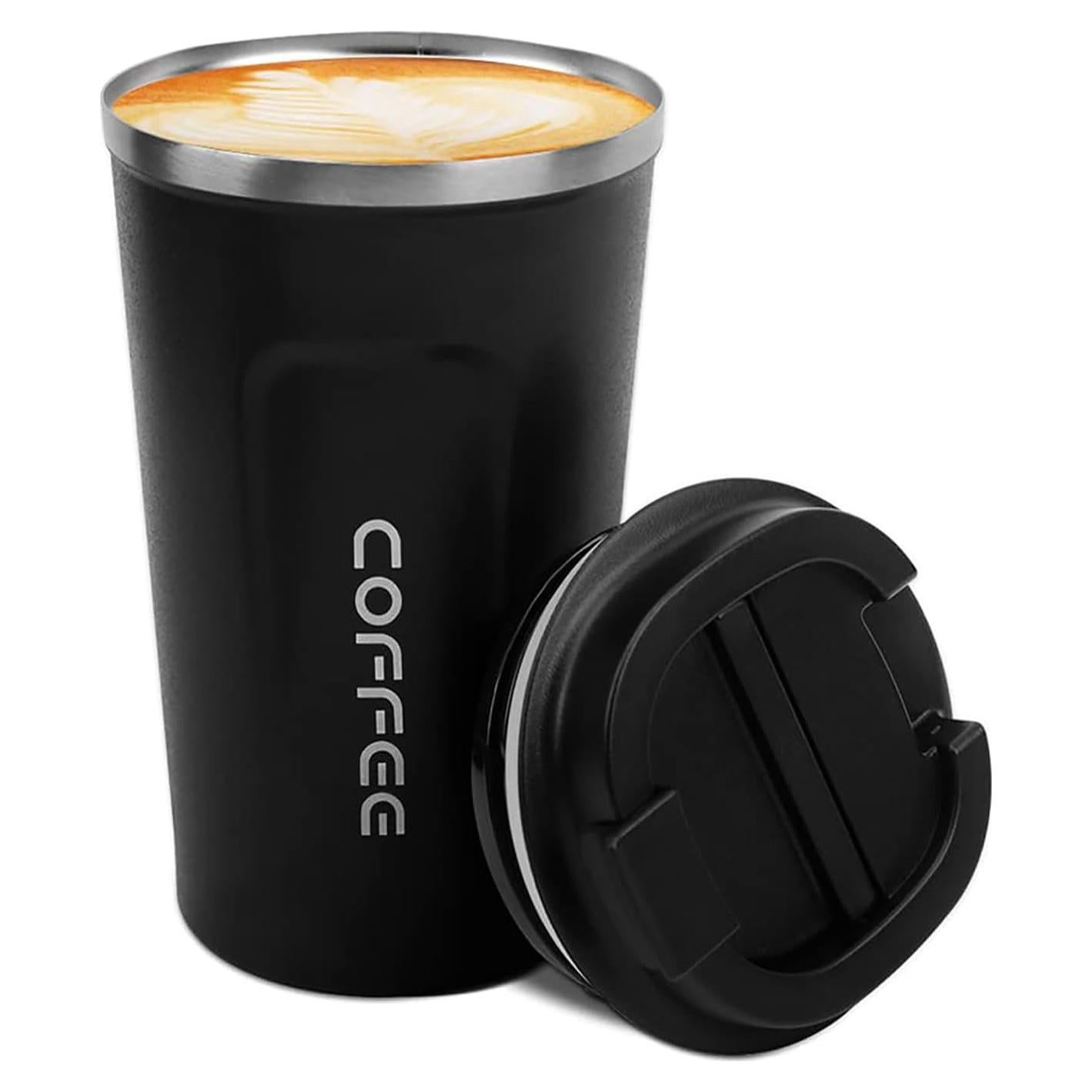 Taza de Viaje MOMSIV 380ml Acero Inoxidable Aislada Negra